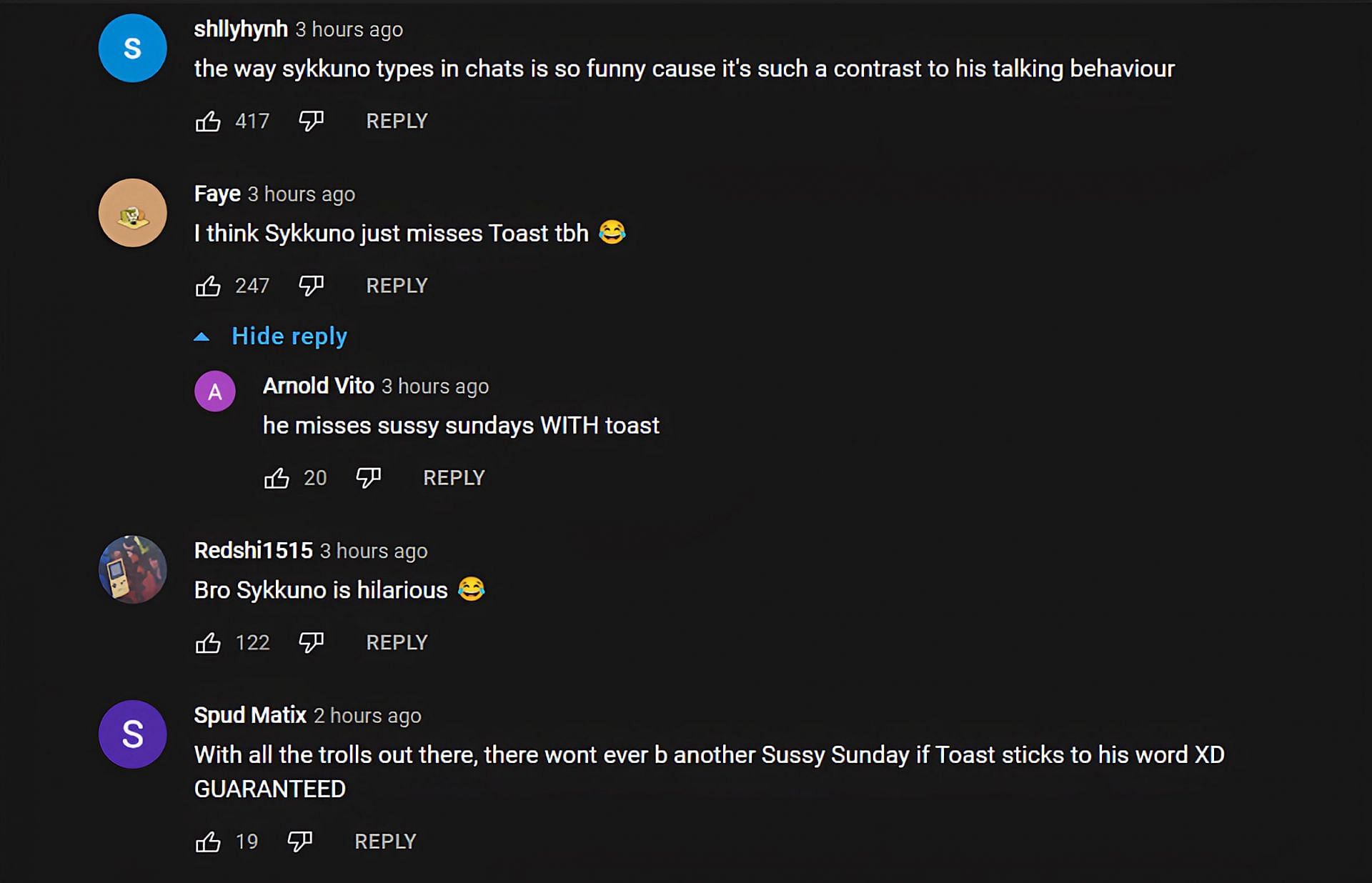 YouTube comments discussing Sussy Sundays and Sykkuno (Image via OTV POG/YouTube)