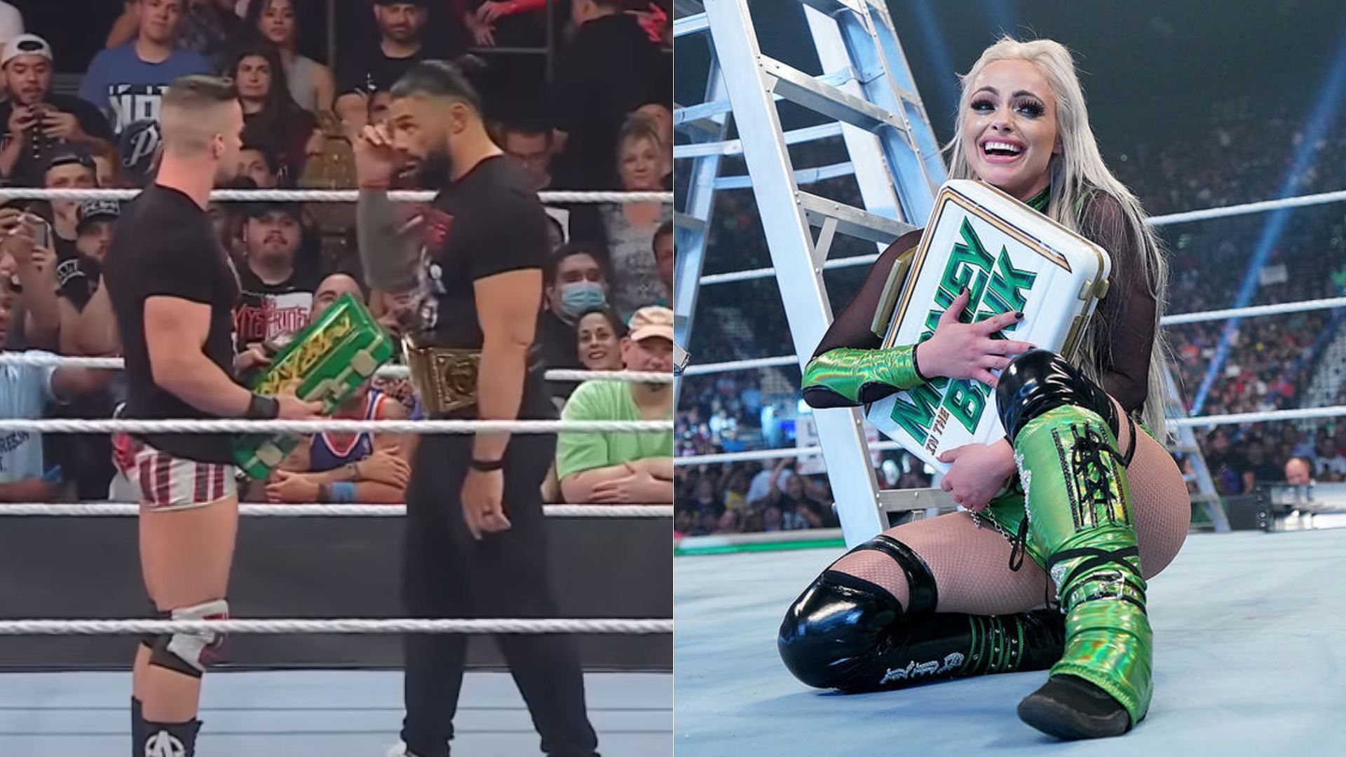 Theory and Roman Reigns (left); Liv Morgan (right)