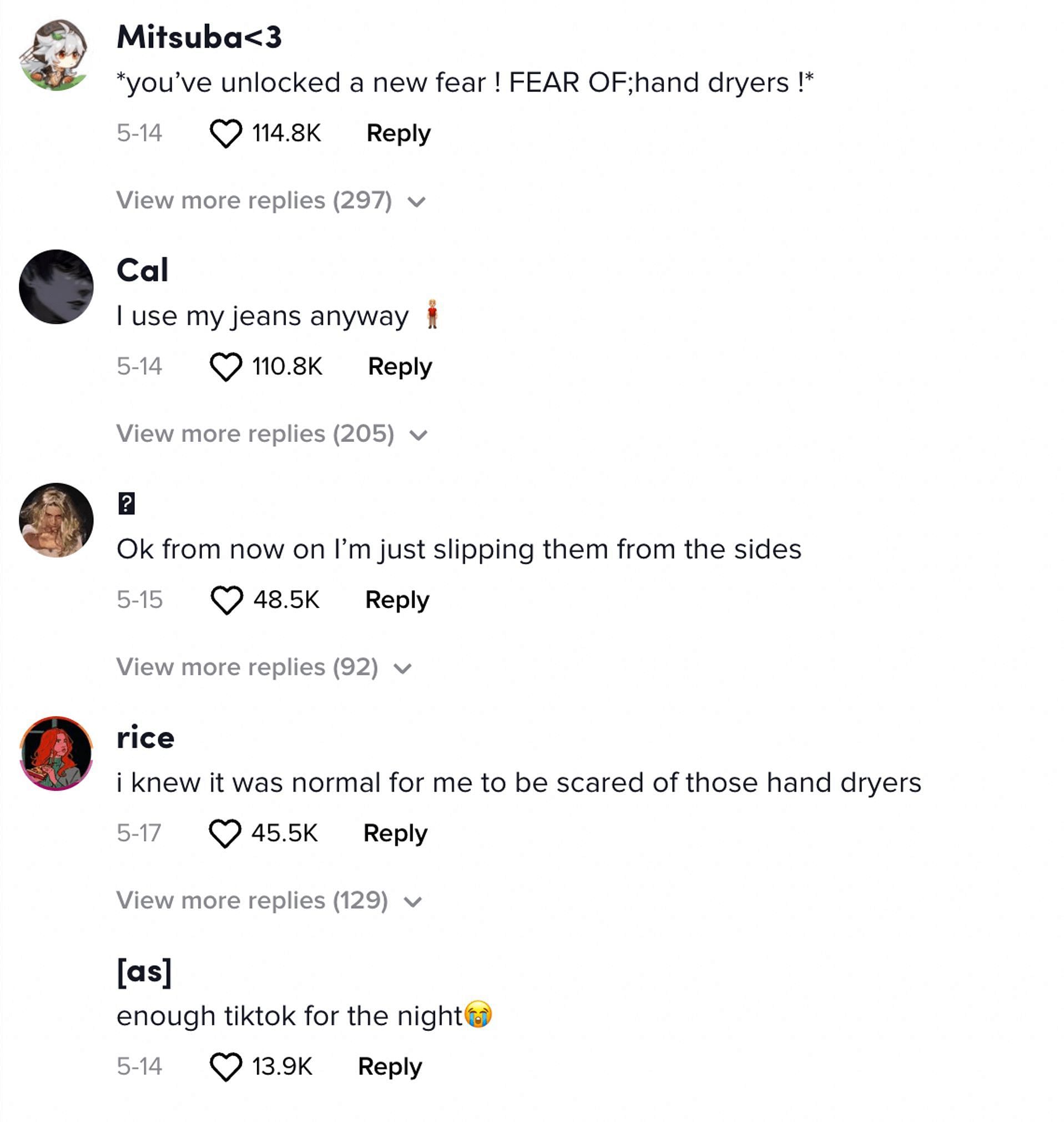 The comment section shows how a new fear is unlocked amongst TikTokers after seeing the viral animated hand dryer video. (Image via TikTok)