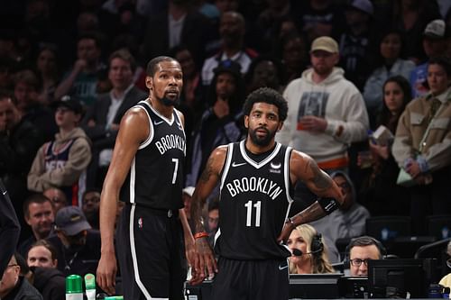 Kevin Durant (7) and Kyrie Irving of the Brooklyn Nets look on in the final seconds of their 109-103 loss to the Boston Celtics during Game 3 of the first round of the Eastern Conference playoffs on April 23 in New York City.