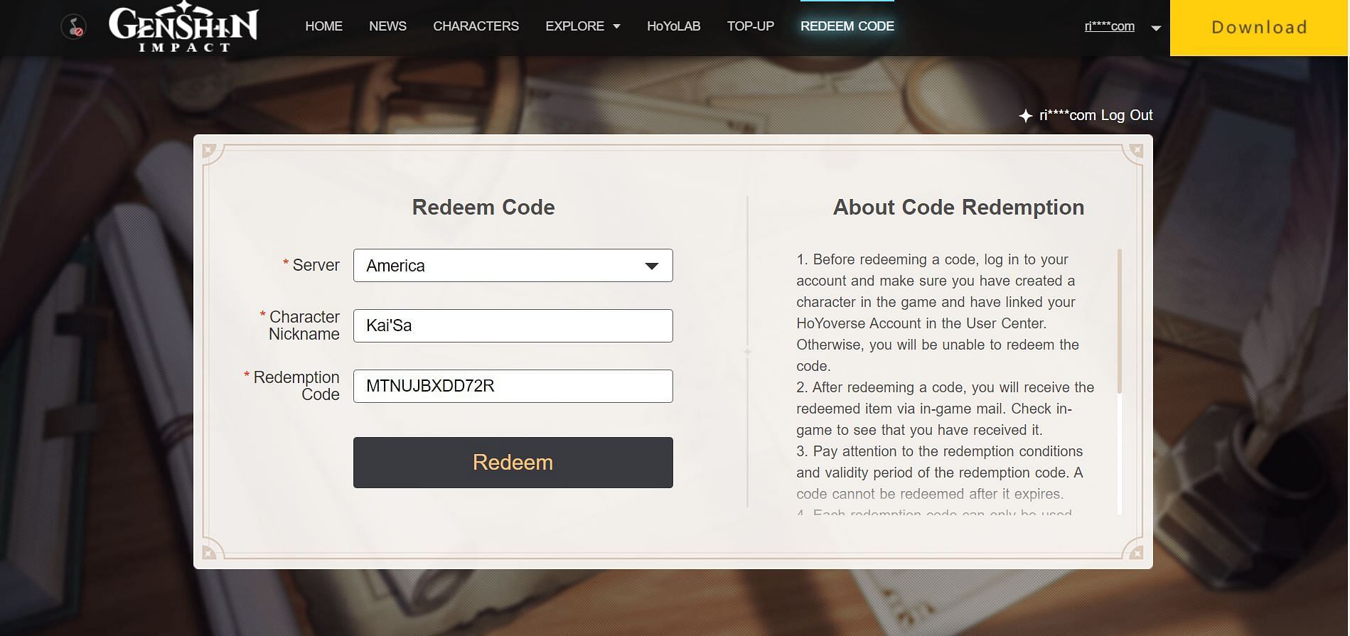 Type the code and click on &#039;Redeem&#039; (Image via HoYoverse)