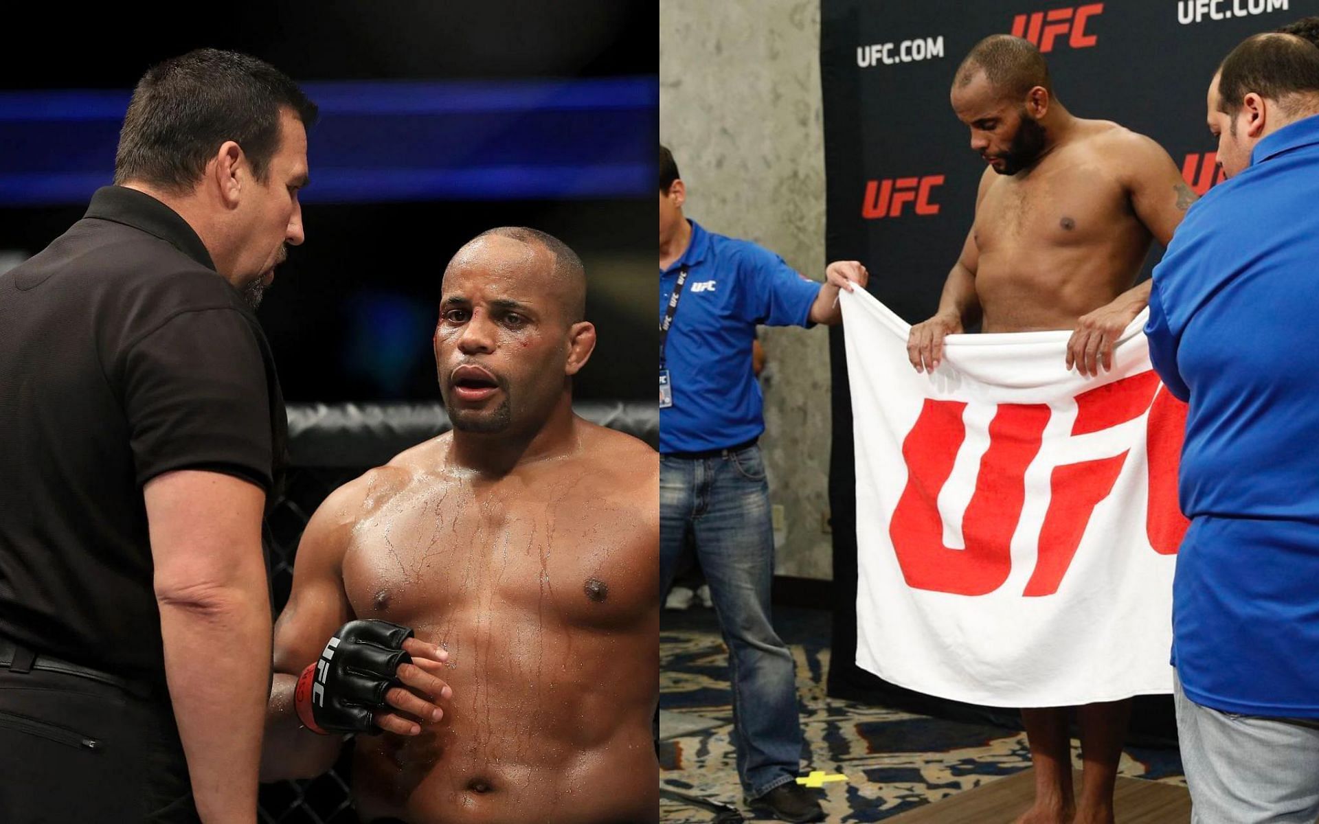 John McCarthy (extreme left), Daniel Cormier weigh-in (right) [Images courtesy of Getty and @btsportufc Twitter]