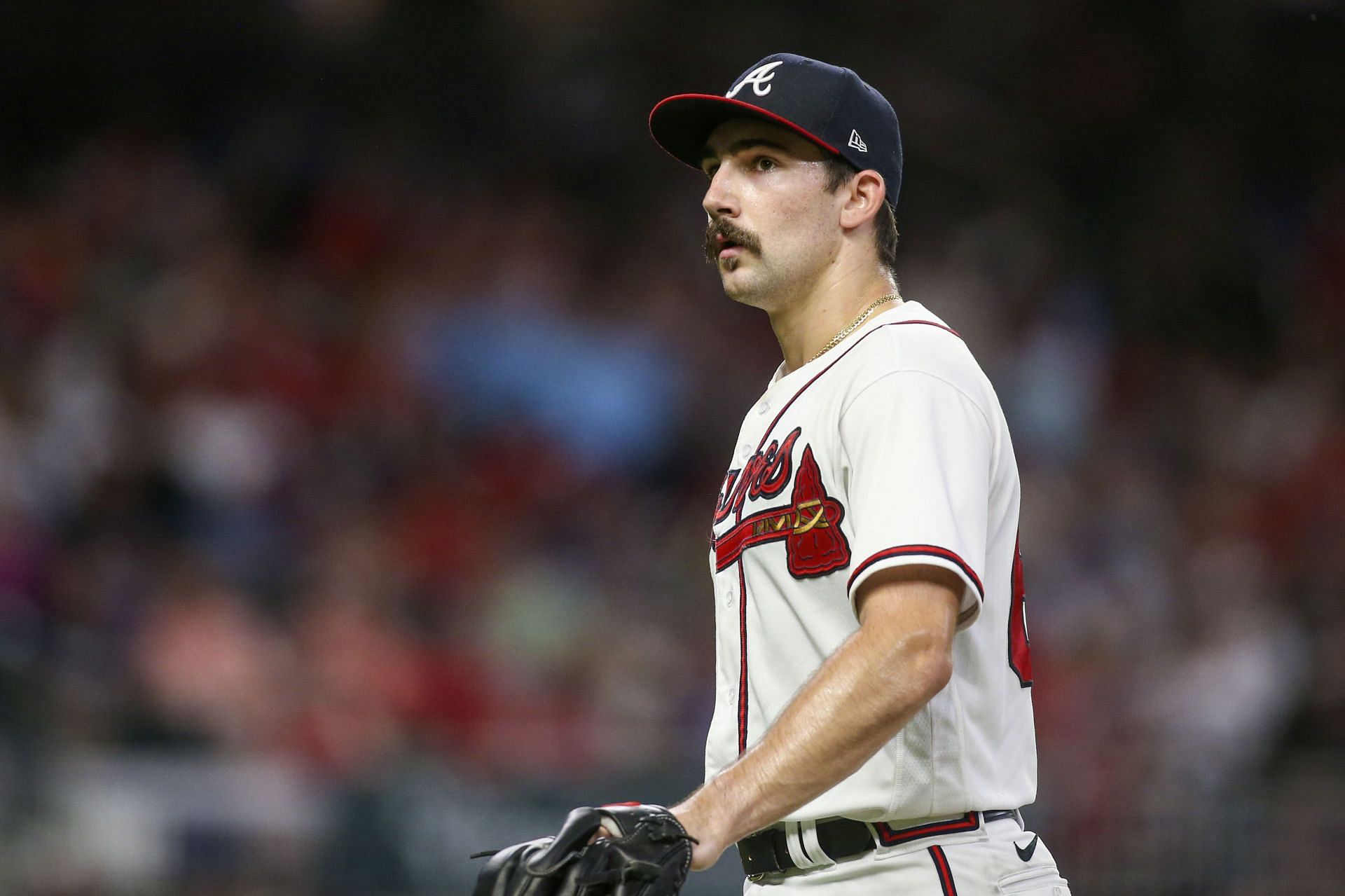 Braves starting pitcher Spencer Strider comes off the mound during tonight&#039;s St. Louis Cardinals v Atlanta Braves game.