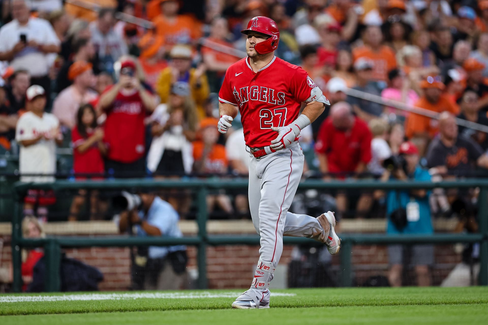 Mike Trout during a Los Angeles Angels v Baltimore Orioles MLB game.
