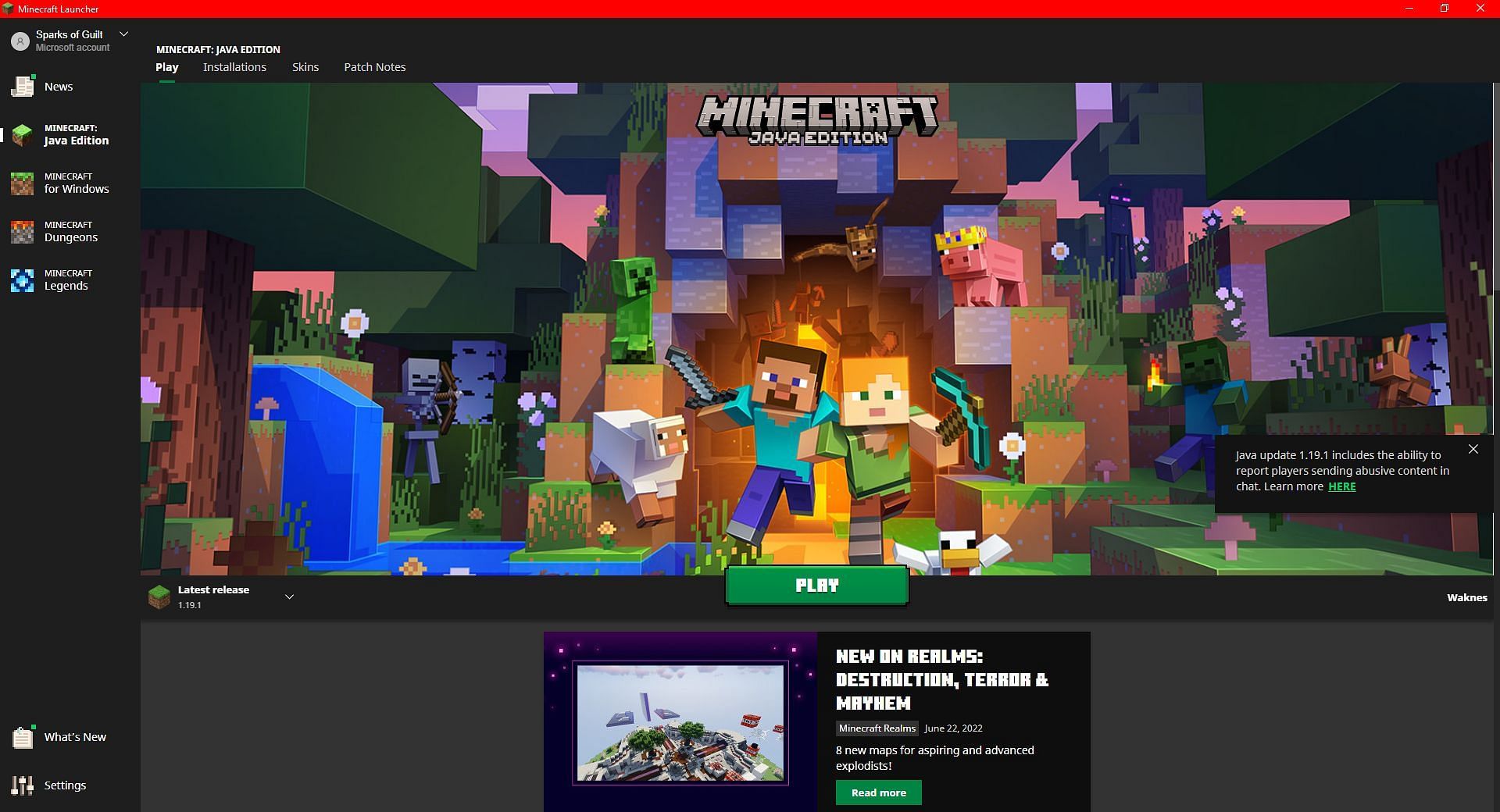 The home page of the game&#039;s launcher (Image via Minecraft Launcher)