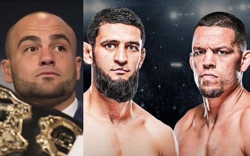 Eddie Alvarez (left. Image credit: Jeff Bottari/Zuffa LLC via Getty Images), Khamzat Chimaev vs. Nate Diaz (right. Image credit: @khamzat_chimaev on Instagram)