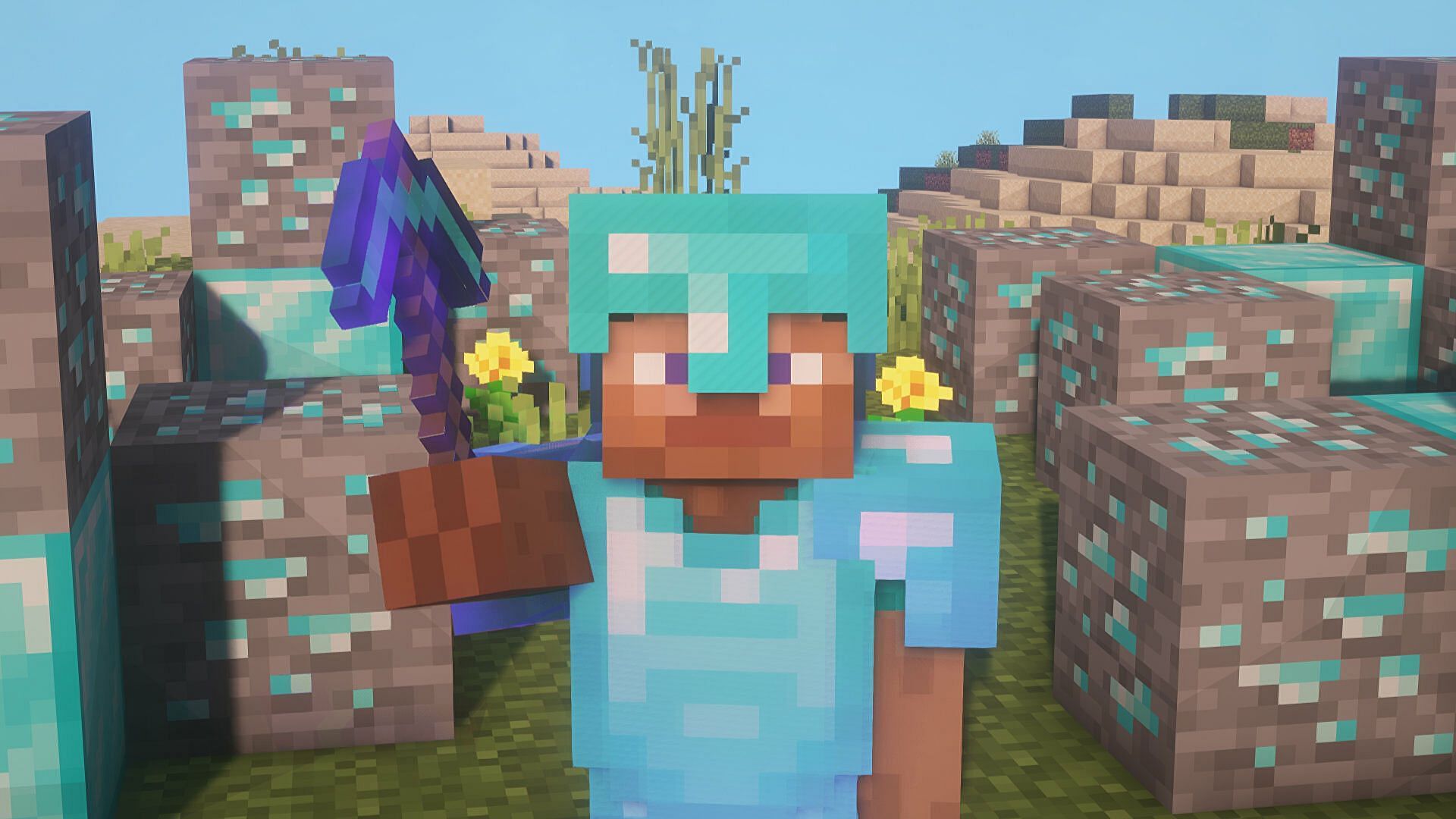 Steve finds diamond ore in Minecraft (Image via Mojang)