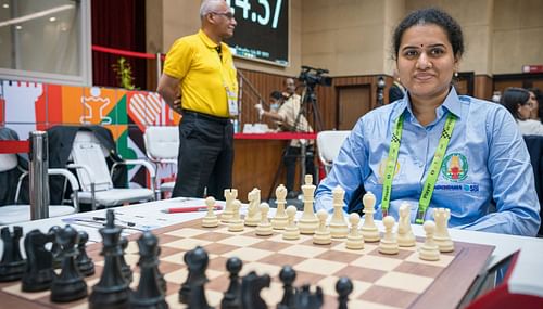 Koneru Humpy in action during the second day of the Chess Olympiad in Chennai on Saturday. (Pic credit: FIDE/Lennart Ootes & Stev Bonhage)