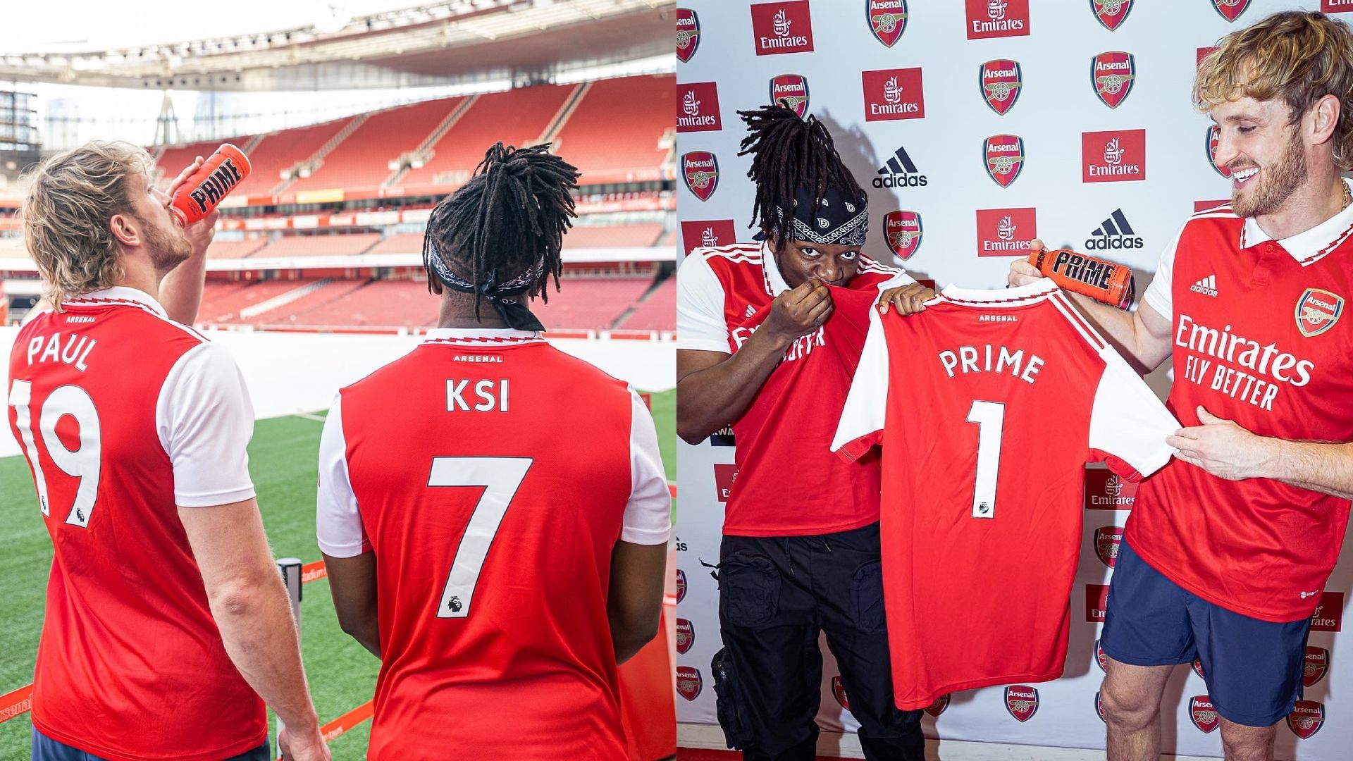 Fans celebrate as KSI and Logan Paul&#039;s Prime Hydration becomes official sponsors of Arsenal FC (Image via KSI, Logan Paul/Twitter)