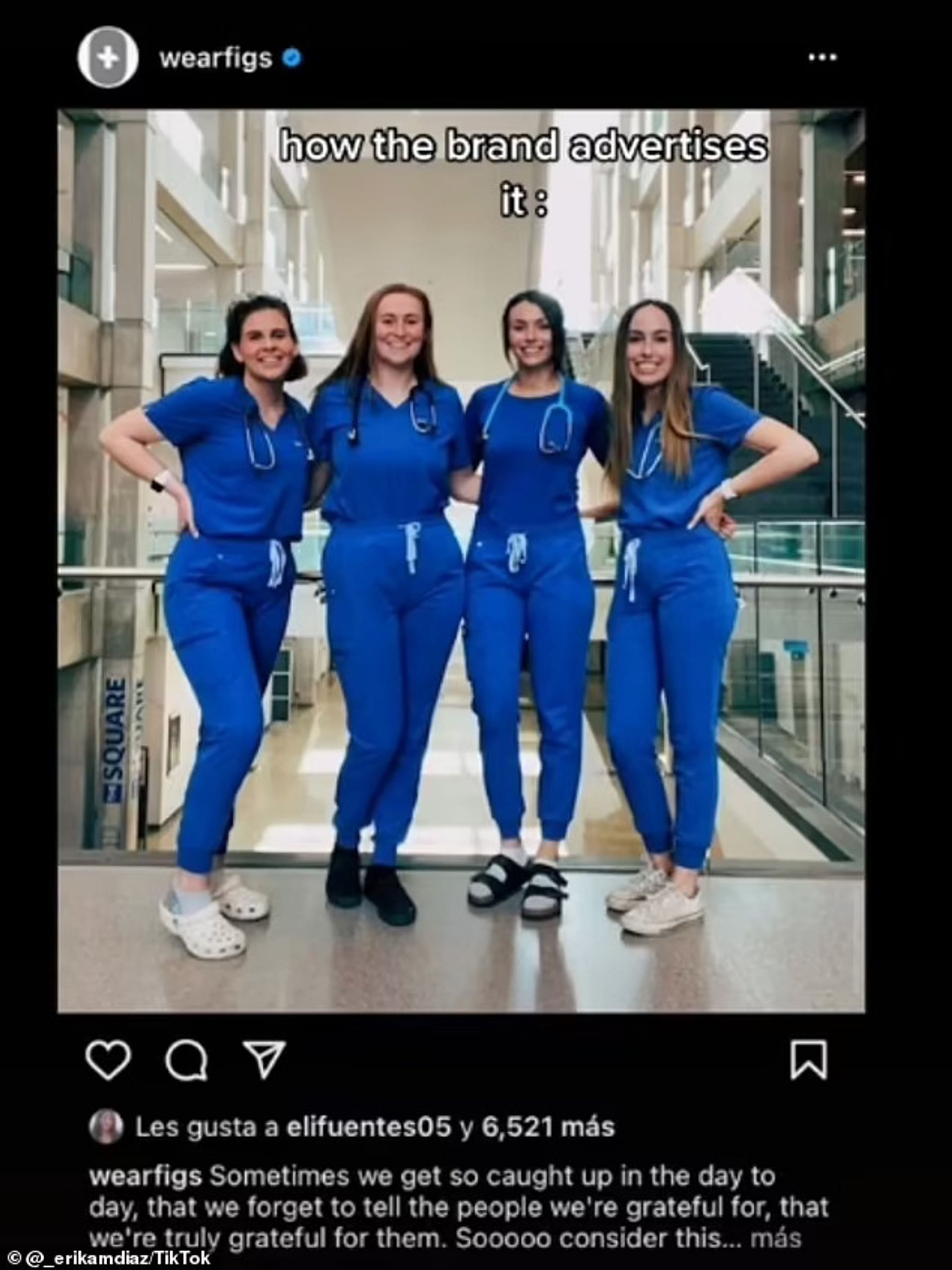 Erika gives a comparison of how the scrubs fit her Vs how they are actually advertised. (Image via Twitter)