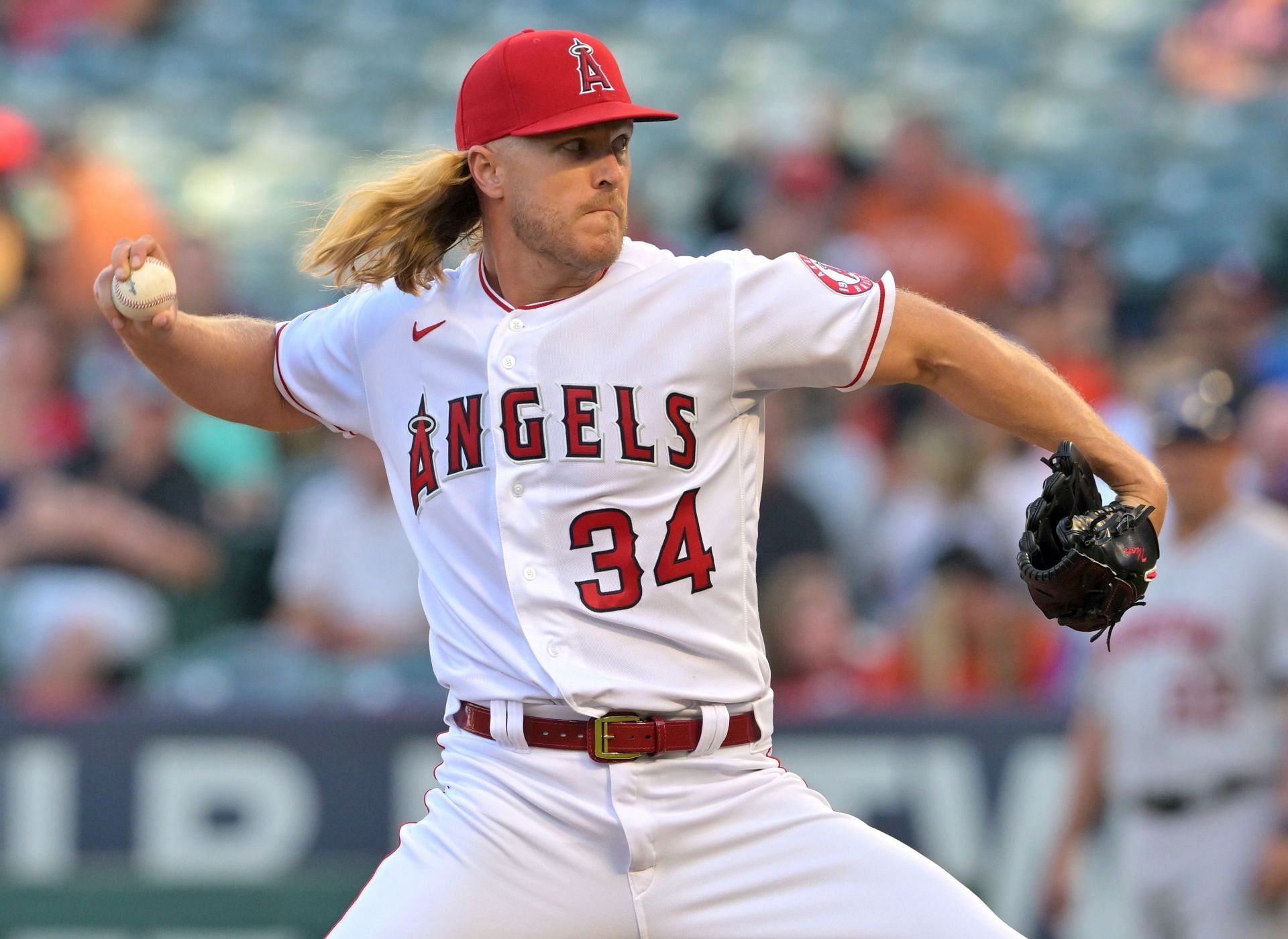 Starting pitcher Noah Syndergaard pitches during a Houston Astros v Los Angeles Angels game this season at Angels Stadium.