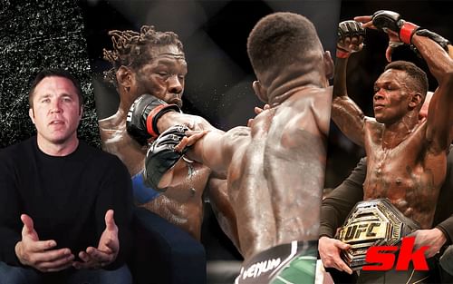 (L to R) Chael Sonnen, Israel Adesanya vs. Jared Cannonier, Israel Adesanya [Left image via Chael Sonnen on YouTube]