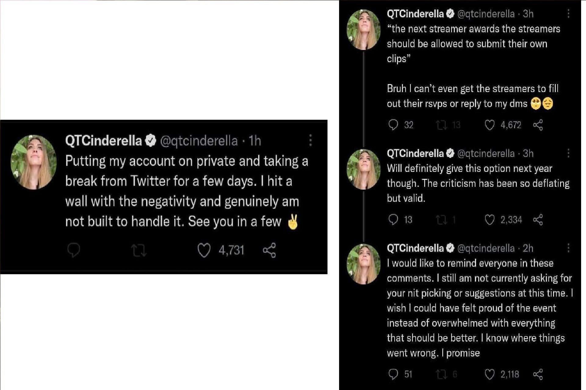 QTCinderella explains her sabbatical (Image via QTCinderella/ Twitter)