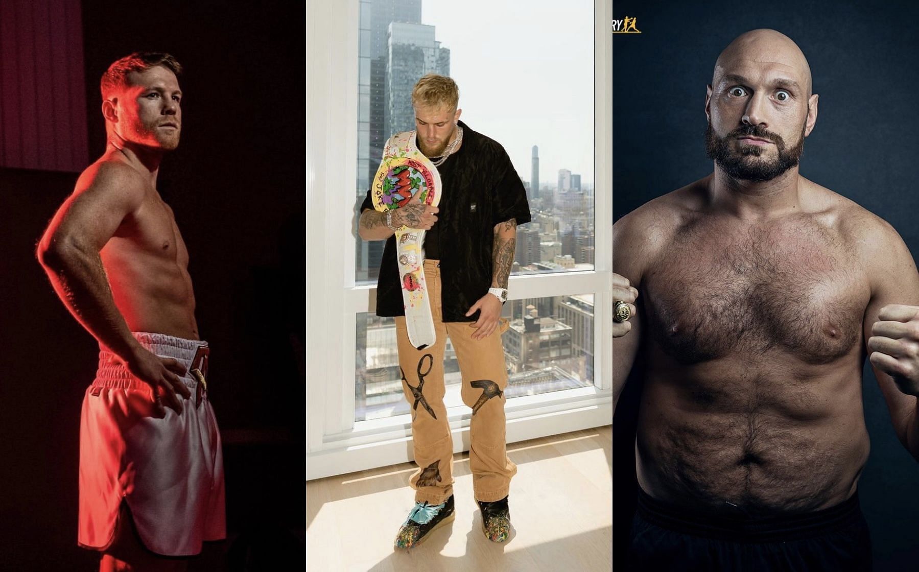 Canelo Alvarez (left), Jake Paul (middle), Tyson Fury (right) - Images via @canelo, @jakepaul and @tysonfury on Instagram