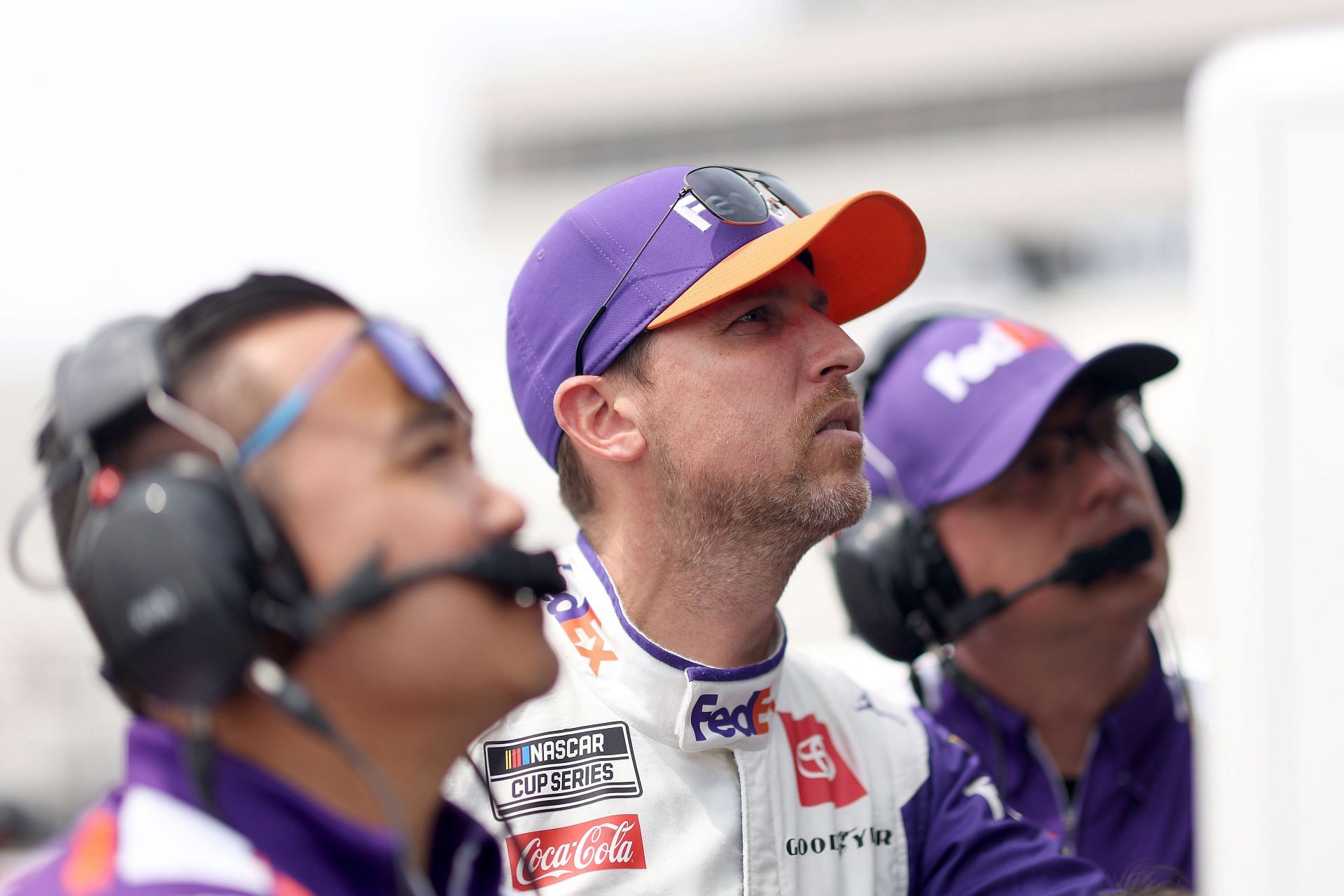 Denny Hamlin and crew look on during practice for the NASCAR Cup Series Ambetter 301 at New Hampshire Motor Speedway