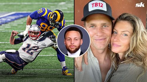 Steph Curry (inset) roasted Tom Brady, stating that he'd rather get hit by Aaron Donald than hang out with his wife, Gisele