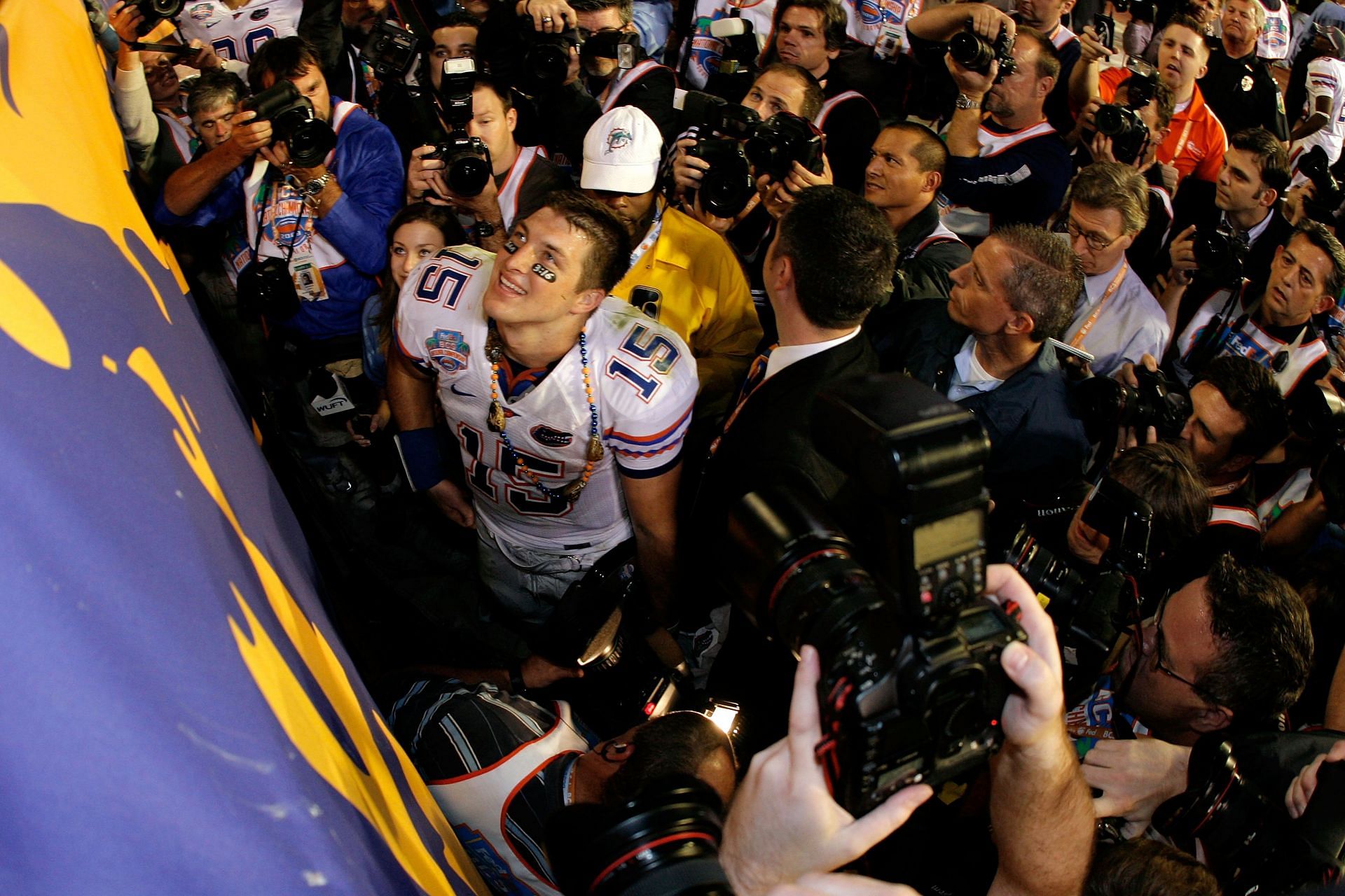 Tim Tebow celebrating Florida&#039;s BCS National Championship win over Oklahoma