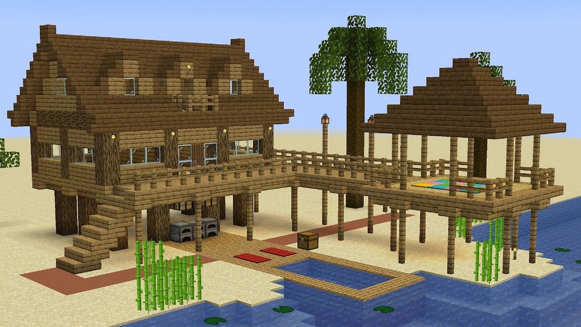 A wooden beach house in Minecraft (Image via Shock Frost/Youtube)