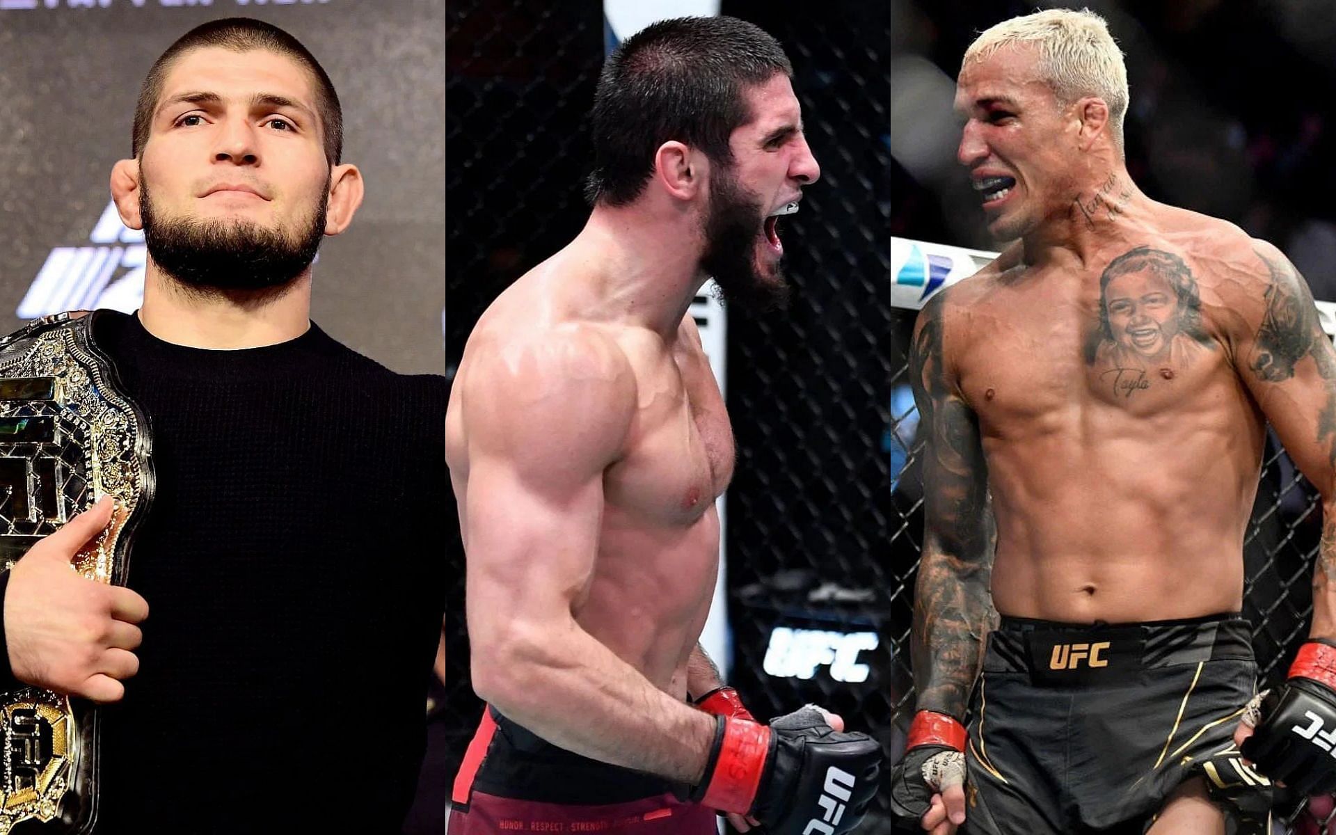 Khabib Nurmagomedov (left), Islam Makhachev (center), and Charles Oliveira (right)