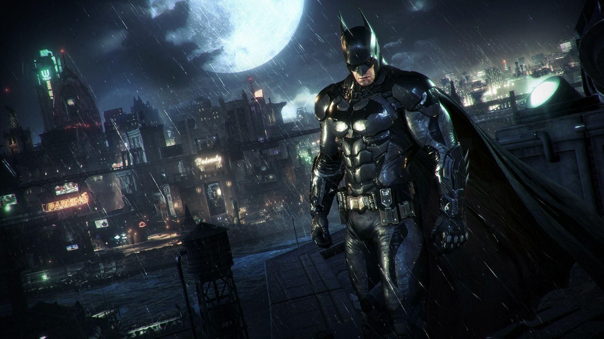 Il Cavaliere Oscuro guarda Gotham City (Immagine via Rocksteady)
