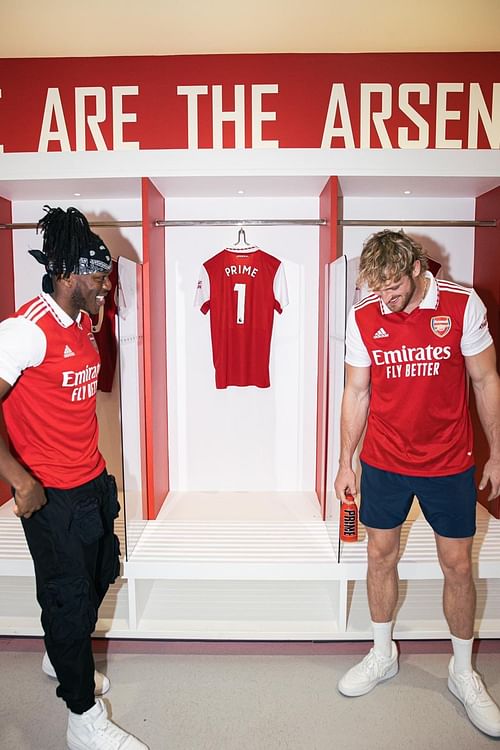 KSI (L) and Logan Paul (R) announce PRIME's partnership with Arsenal FC