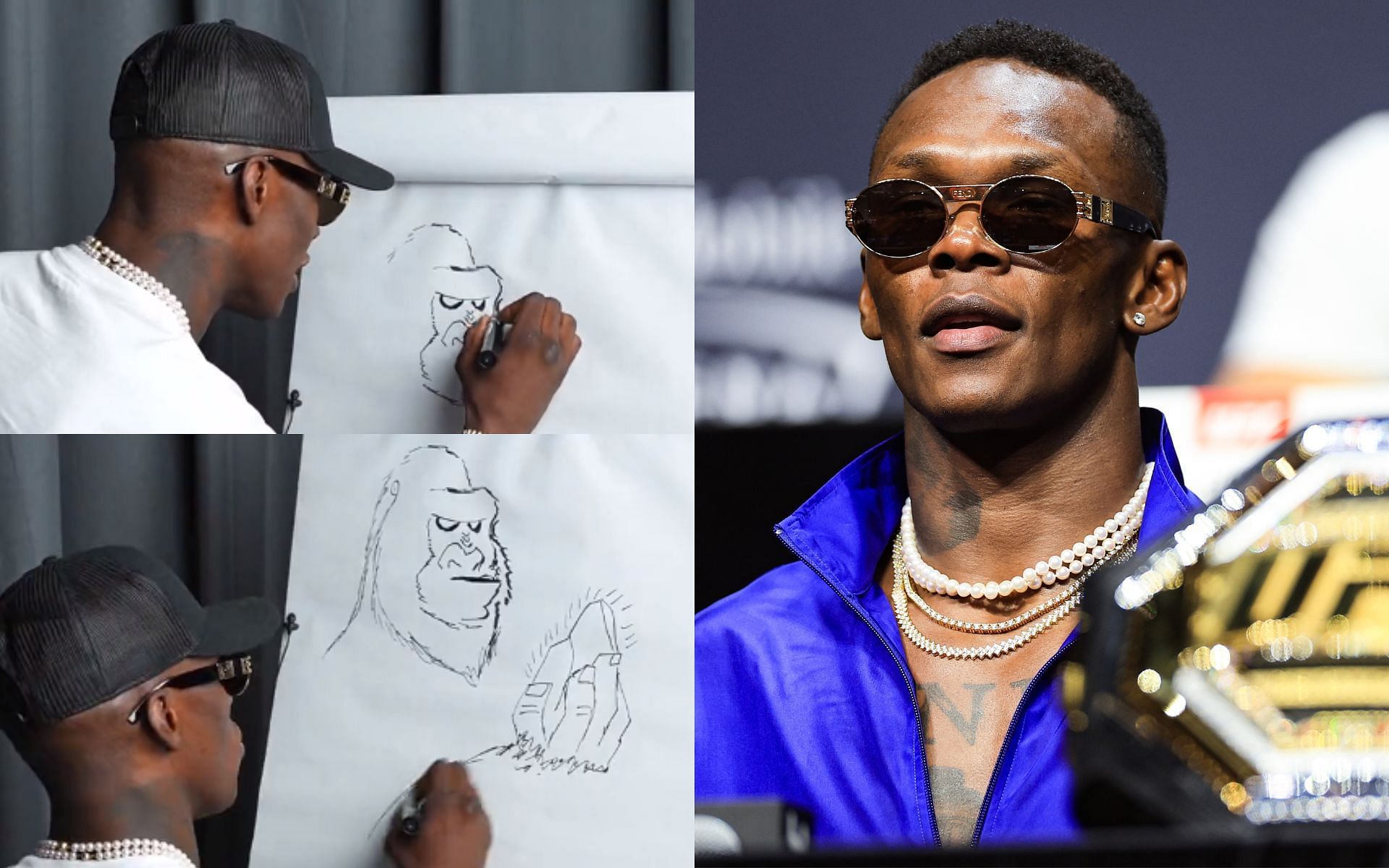 Adesanya showcasing his art [images courtesy of @ufc Twitter and Getty, respectively]