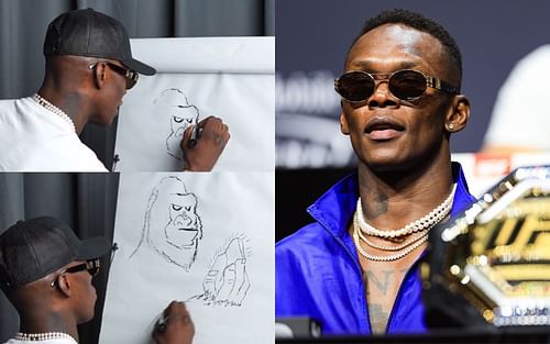 Adesanya showcasing his art [images courtesy of @ufc Twitter and Getty, respectively]