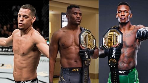 Nate Diaz (left), Francis Ngannou (center), and Israel Adesanya (right) [Images courtesy: @natediaz209, @francisngannou, and @stylebender on Instagram]