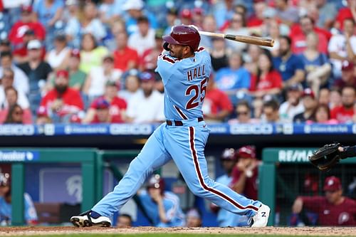 Darick Hall of the Philadelphia Phillies hits a home run against the Atlanta Braves 