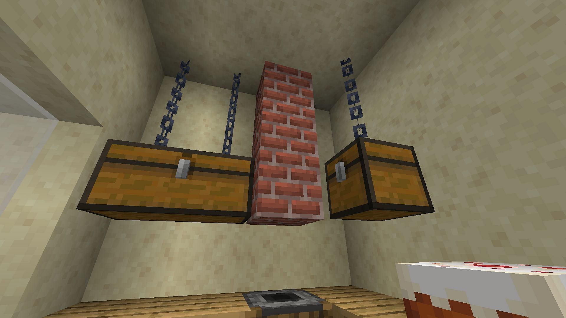 Creating an illusion of chests hanging from chains on the ceiling (Image via Minecraft 1.19 update)