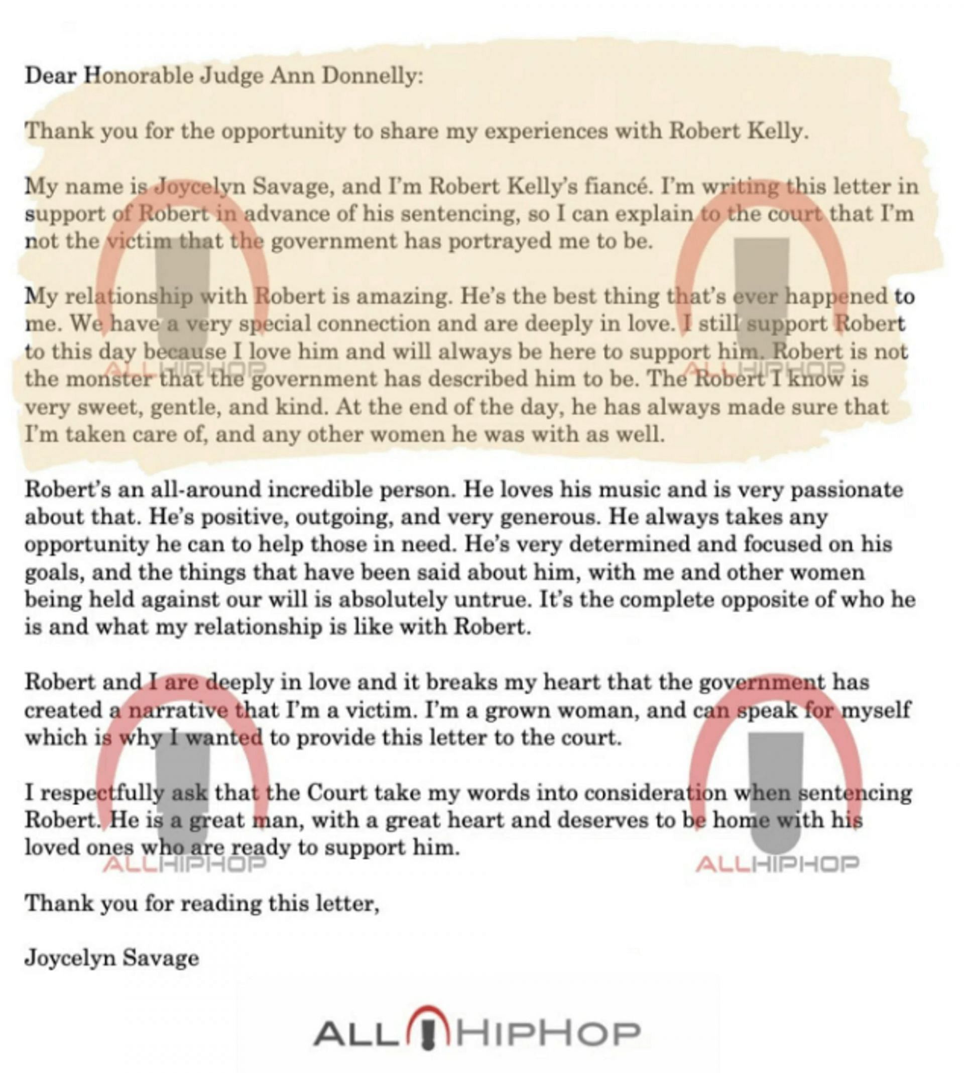 Joycelyn Savage&#039;s letter to Judge Ann Donnelly (Image via AllHipHop)