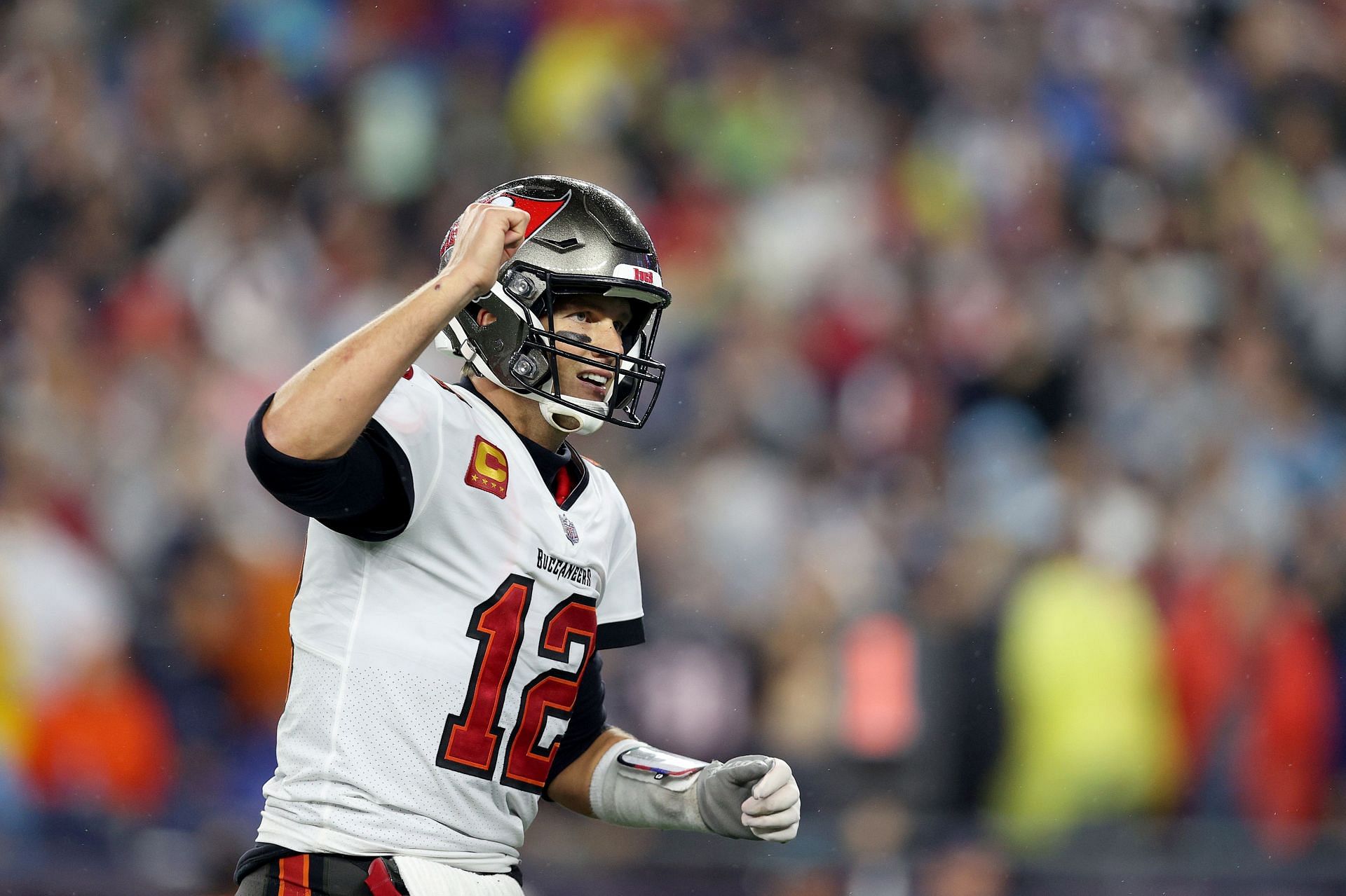 Tampa Bay Buccaneers quarterback Tom Brady celebrates on the field