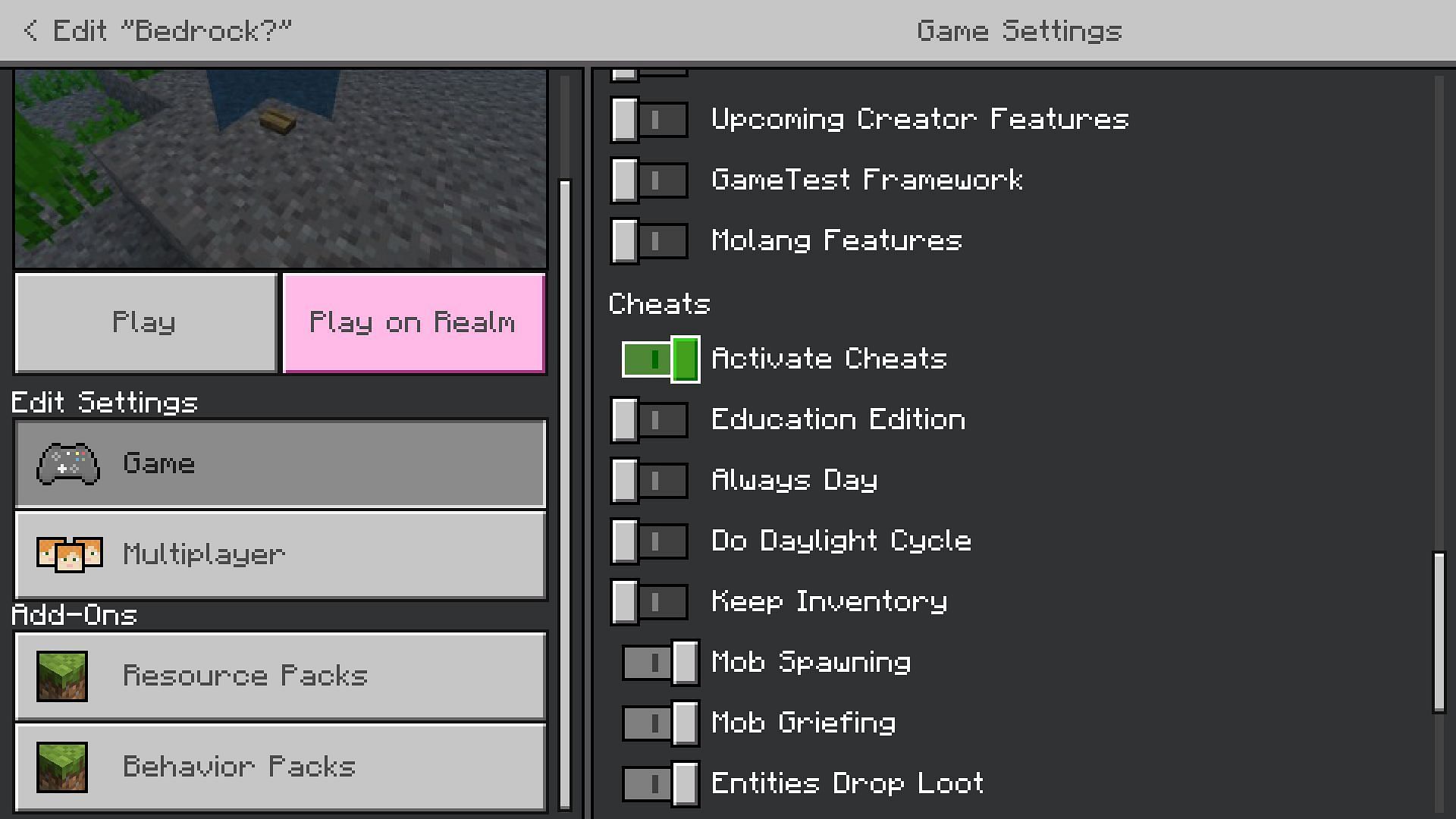 Activate cheats option in the world settings (Image via Mojang)