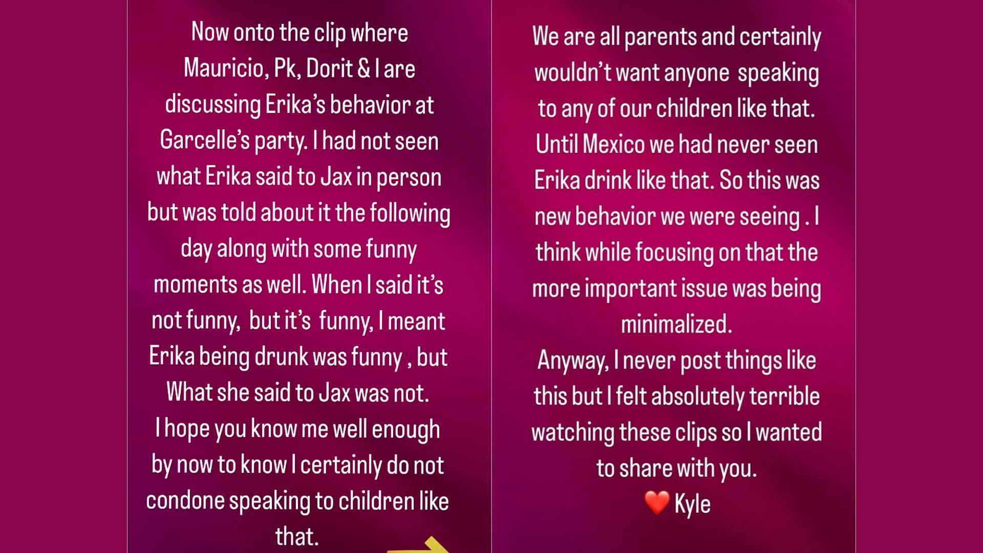Kyle Richards&#039; Instagram story addressing her reaction to Erika Jayne and Jax&#039;s scene (Image via kylerichards18/Instagram)