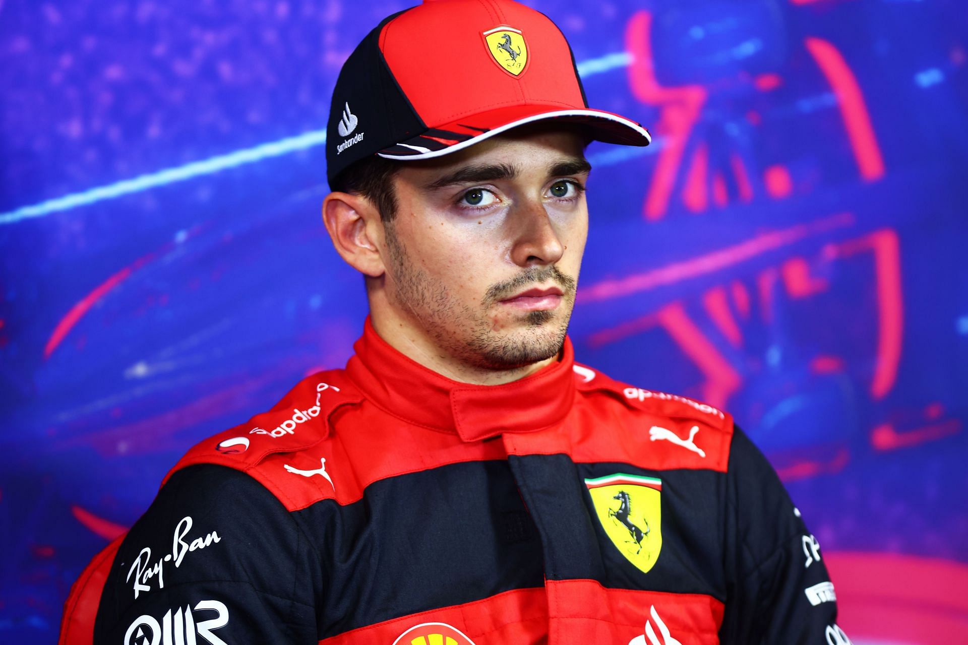 Charles Leclerc looks on in the press conference after qualifying ahead of the F1 Grand Prix of France at Circuit Paul Ricard on July 23, 2022, in Le Castellet, France (Photo by Dan Istitene/Getty Images)