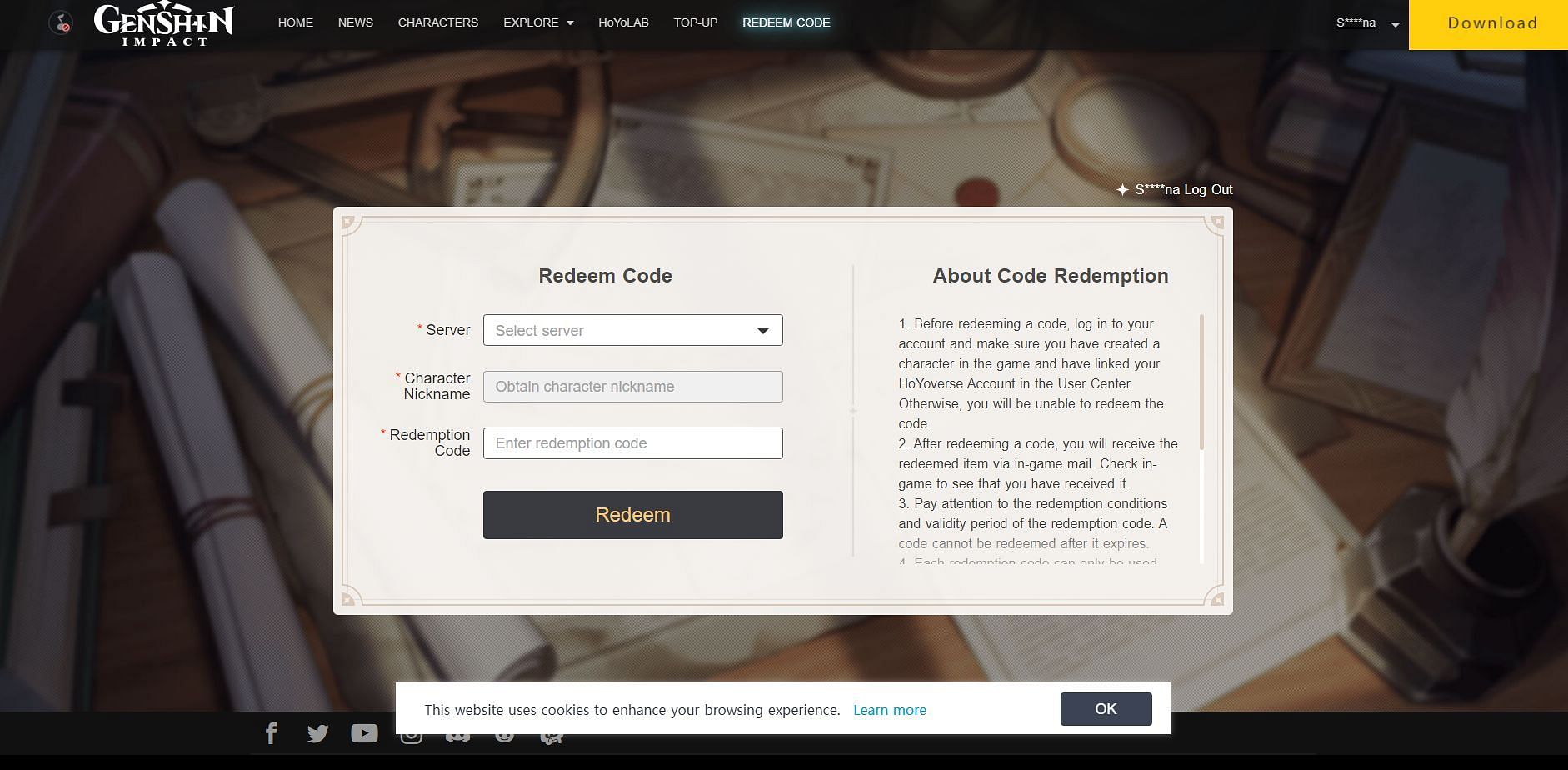 Log in using your HoYoverse account and enter the redemption code (Image via HoYoverse)