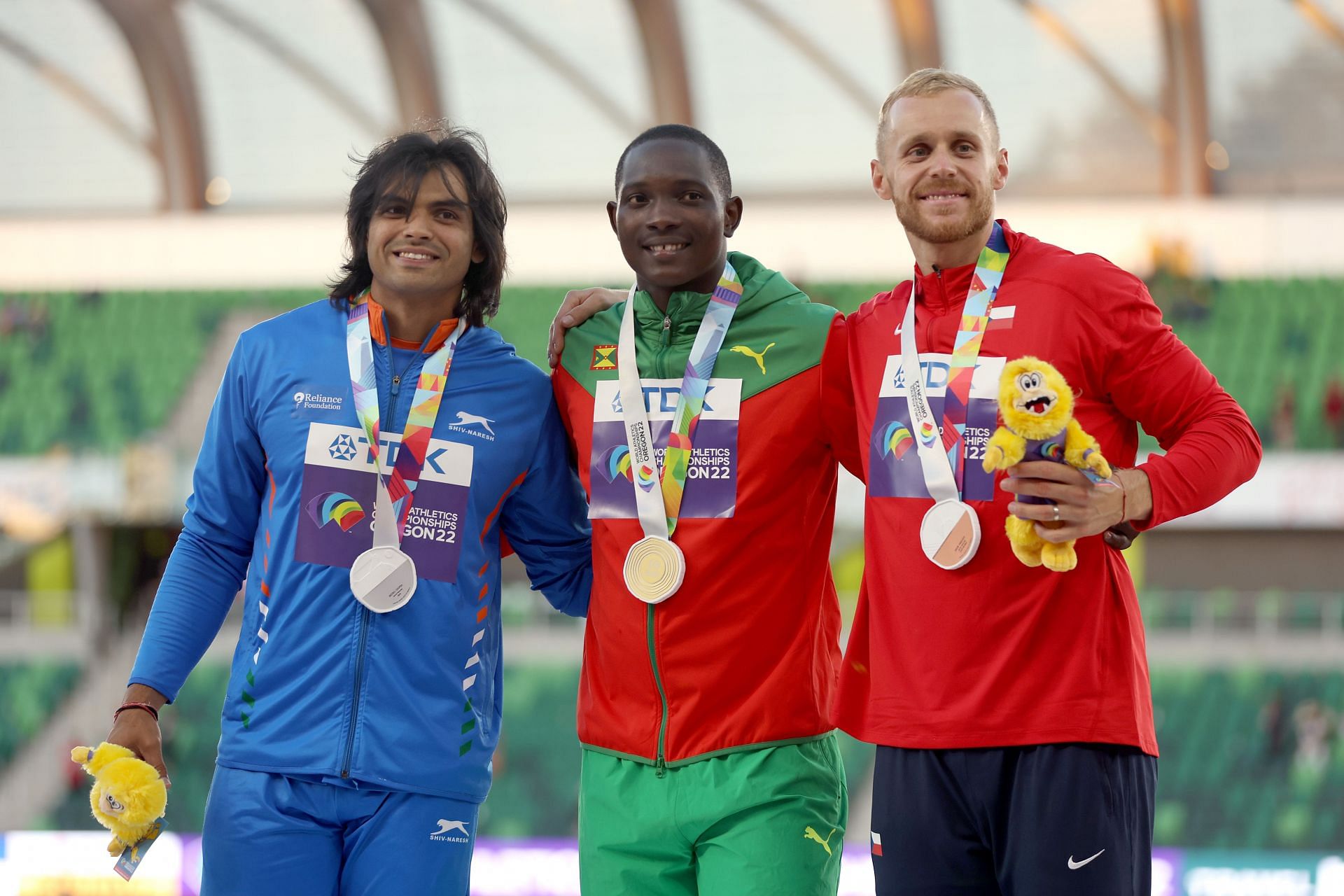 (From left to right) Neeraj Chopra, Anderson Peters and Jakub Vadlejch on the podium. (PC: Getty Images)