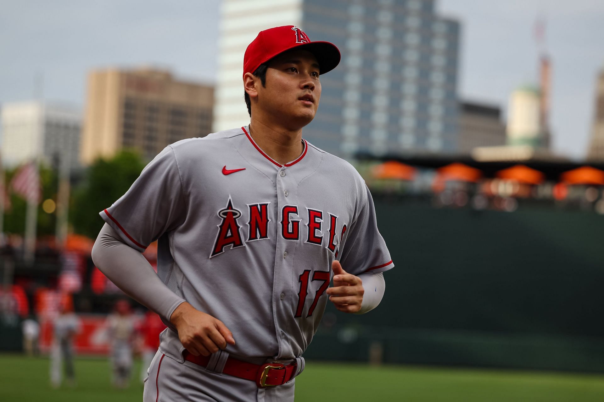 Shohei Ohtani of the Los Angeles Angels reacts before Brett