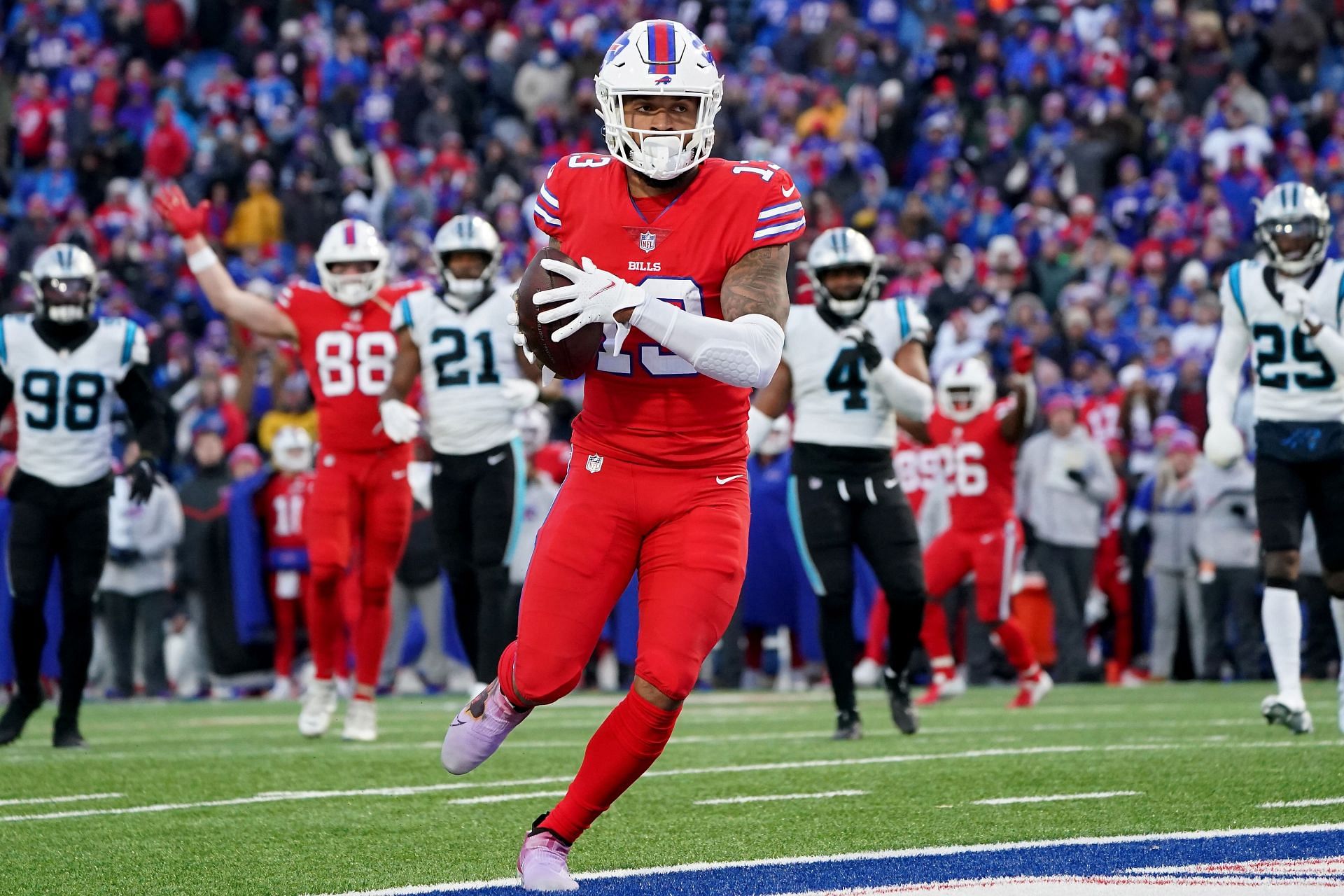 Buffalo Bills wide receiver Gabe Davis (13) runs a route during the first  half an NFL football game against the New England Patriots, Thursday, Dec.  1, 2022, in Foxborough, Mass. (AP Photo/Greg