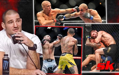 (Clockwise) Sean Strickland, GSP vs. Thiago Alves, Khabib Nurmagomedov vs. Dustin Poirier, Strickland vs. Alex Pereira [Images via @BTSport on YouTube and @ufc on Instagram]