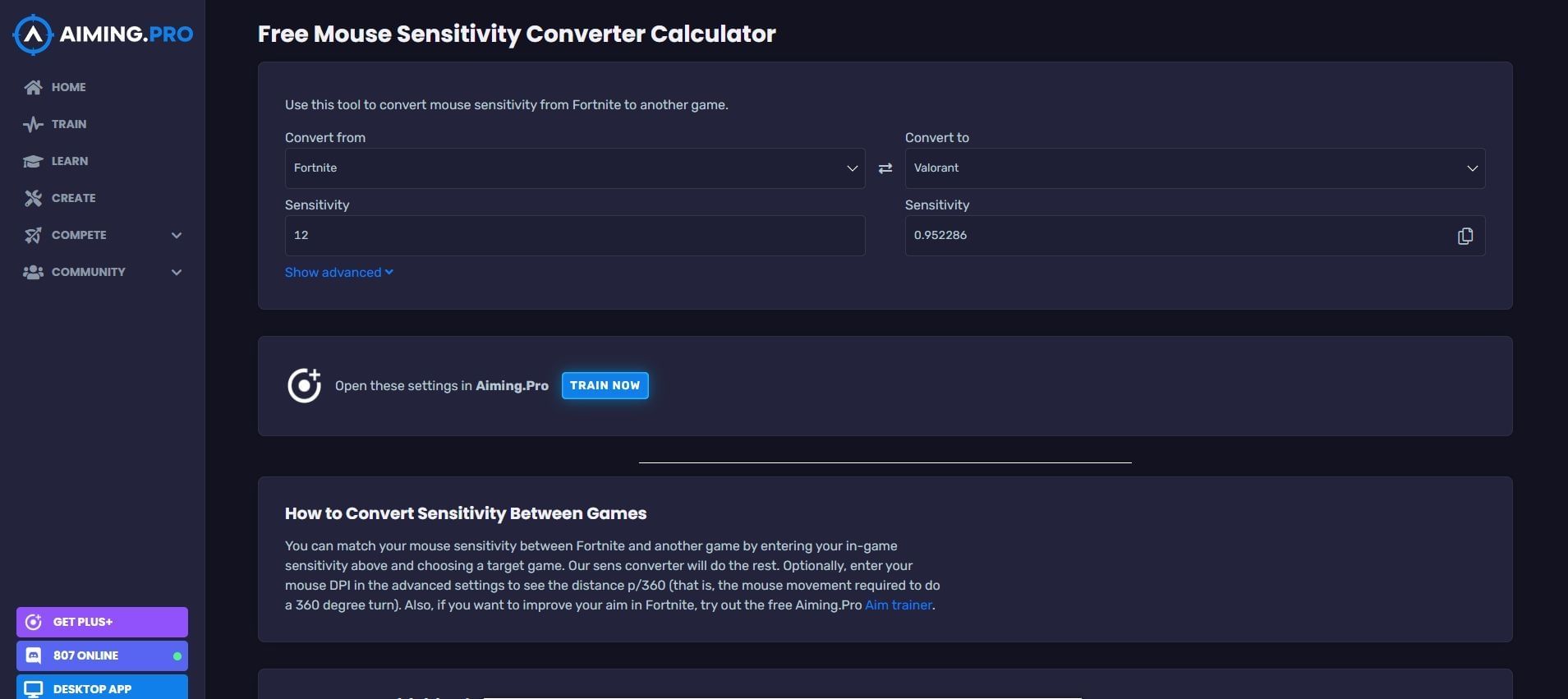 Sensitivity conversion in AIMING.PRO (Image via AIMING.PRO)