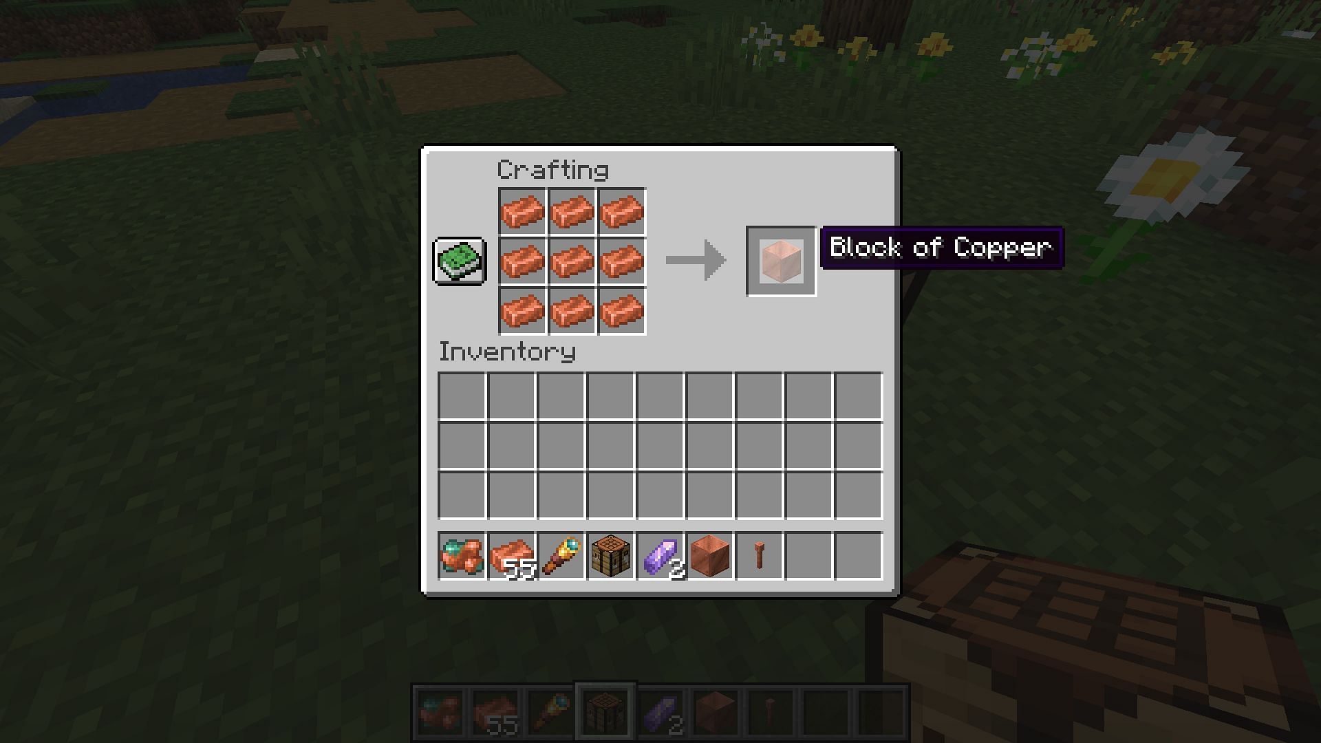 Crafting recipe for a block of copper (Image via Minecraft 1.19 update)