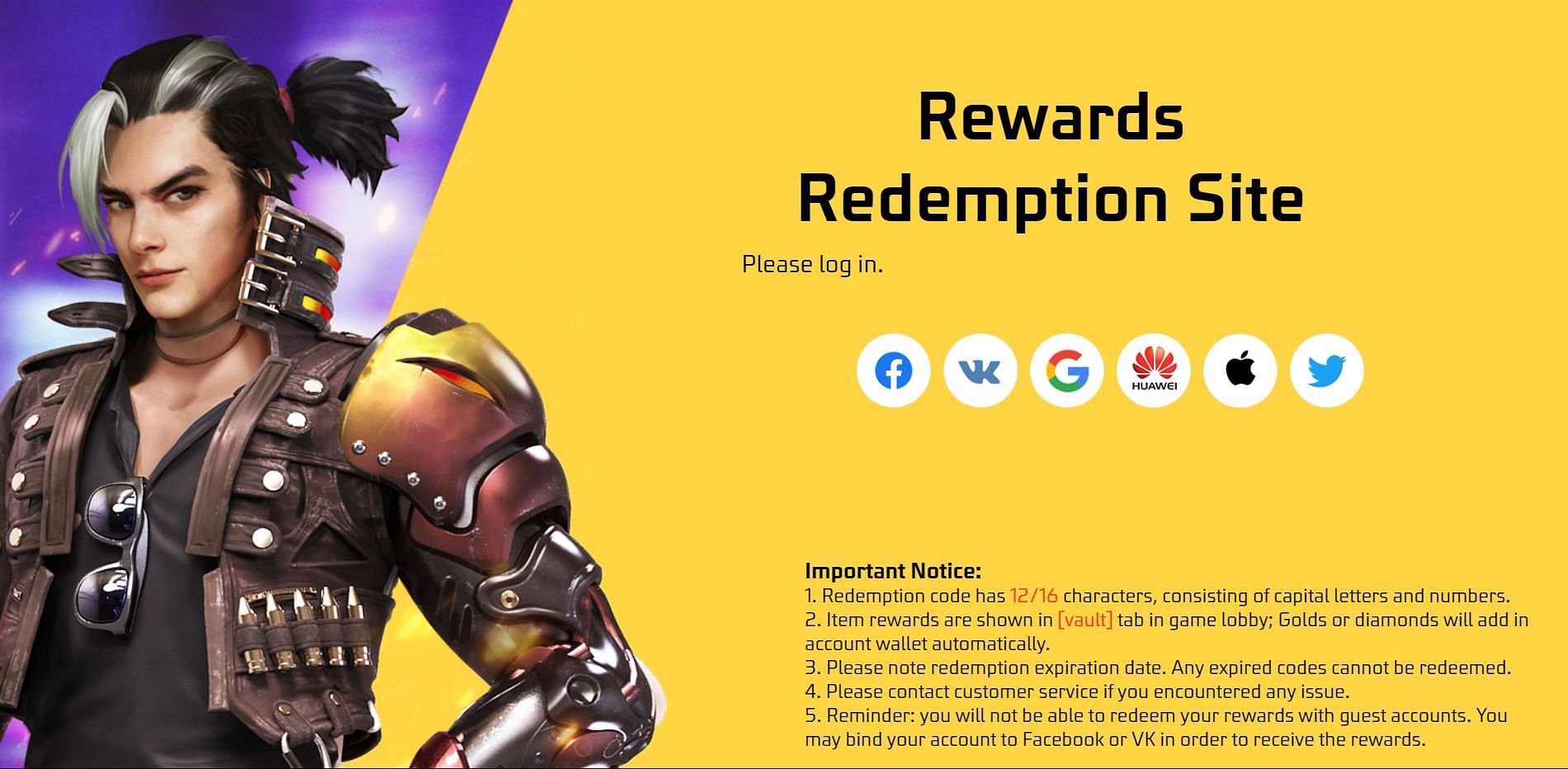There are six log-in options offered by Garena on the Rewards Redemption Site (Image via Garena)
