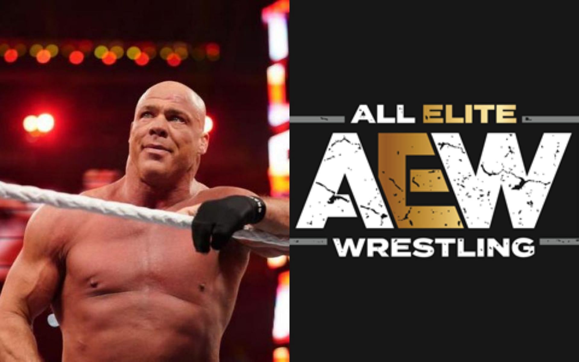 WWE legend Kurt Angle (left) and AEW logo (right)