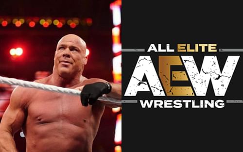 WWE legend Kurt Angle (left) and AEW logo (right)