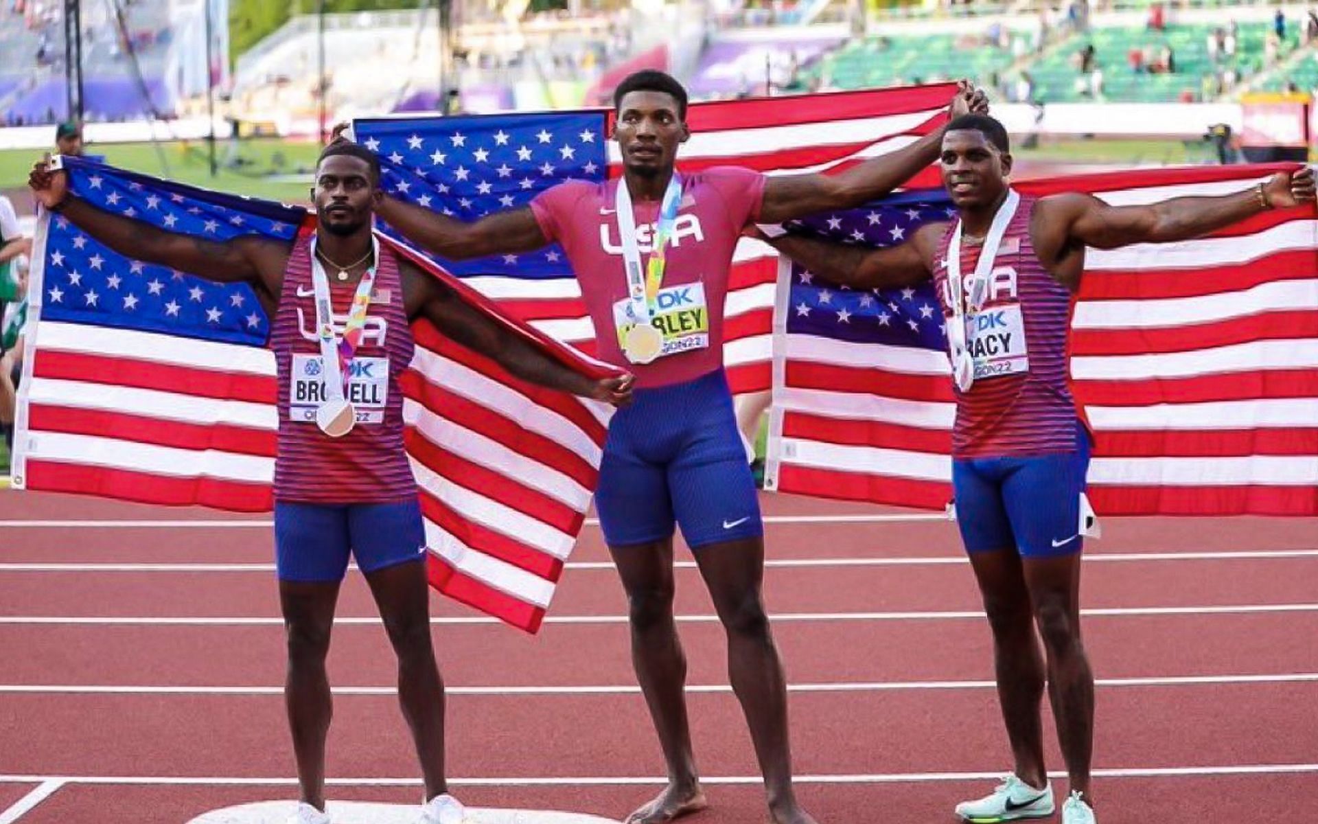 Fred Kerley, Marvin Bracy, and Trayvon Bromell won the 100 Metres race (Image via World Athletics)