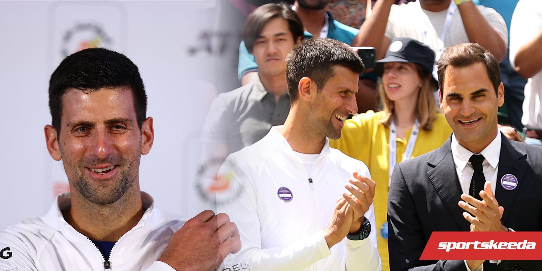 Novak Djokovic and Roger Federer during the Wimbledon Centre Court centenary celebration