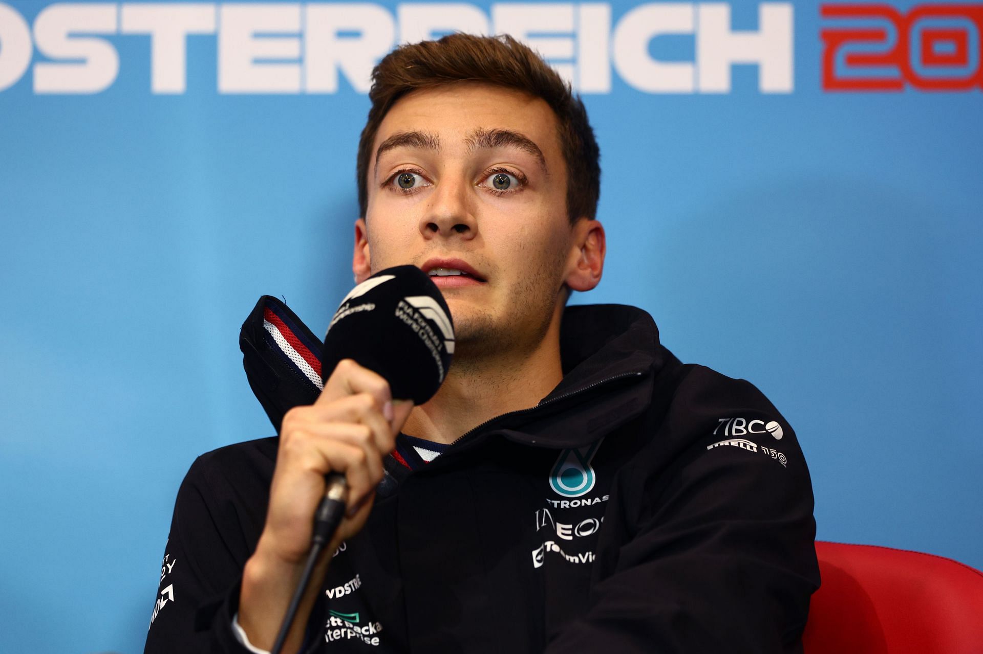 George Russell talks in the Drivers&#039; Press Conference during previews ahead of the F1 Grand Prix of Austria at Red Bull Ring on July 07, 2022, in Spielberg, Austria (Photo by Clive Rose/Getty Images)