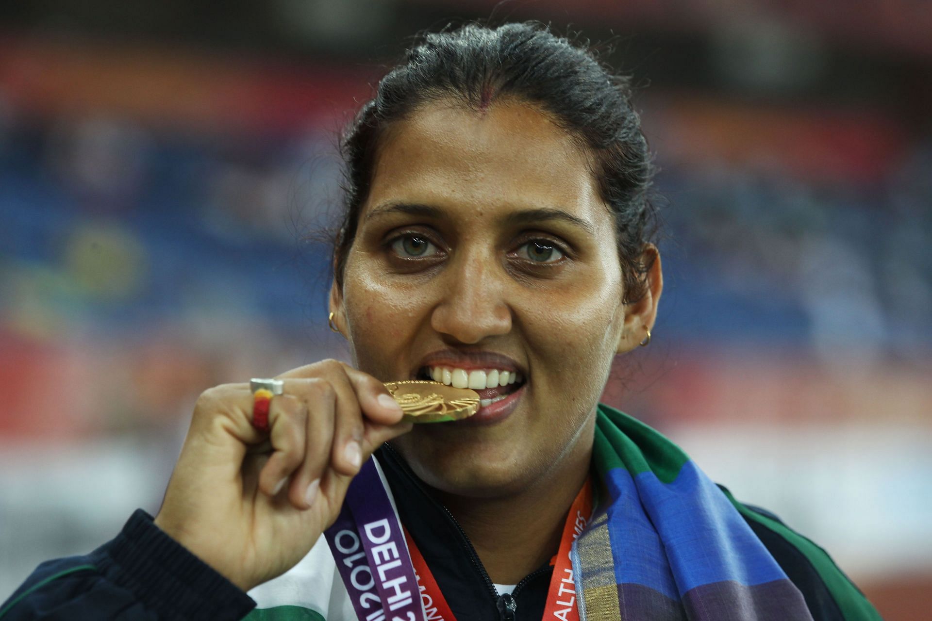 India&#039;s Krishna Poonia with her gold medal at the 2010 CWG. (PC: Getty Images)
