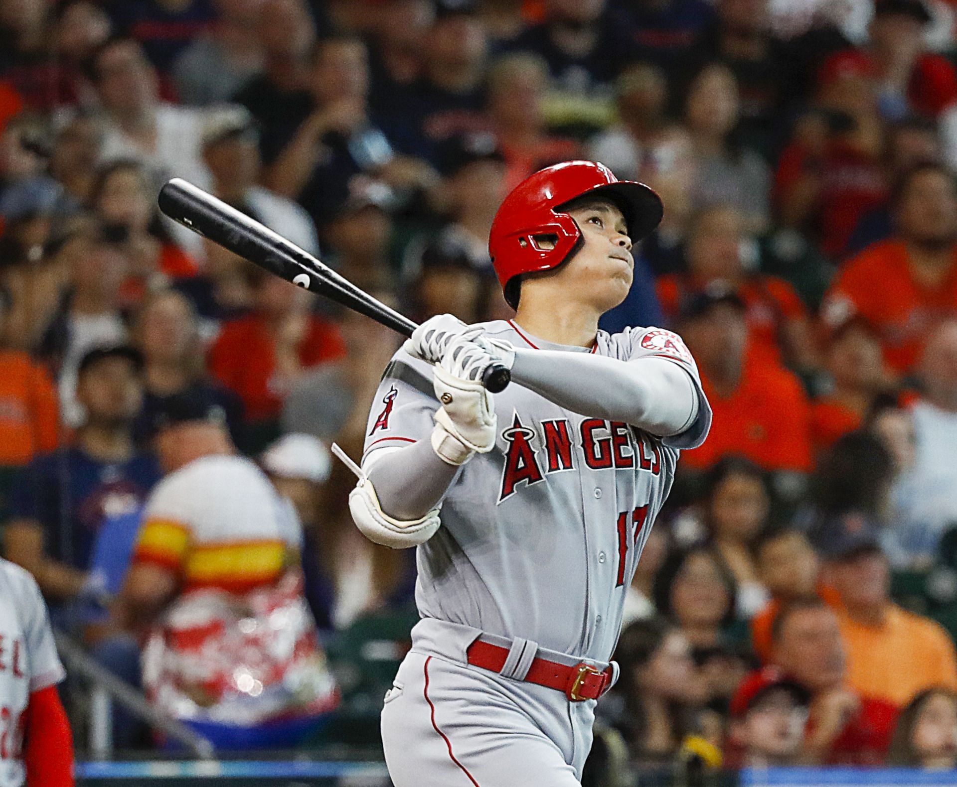 Shohei Ohtani blasts a towering home run into the upper decks in right field during tonight&#039;s Los Angeles Angels v Houston Astros game.